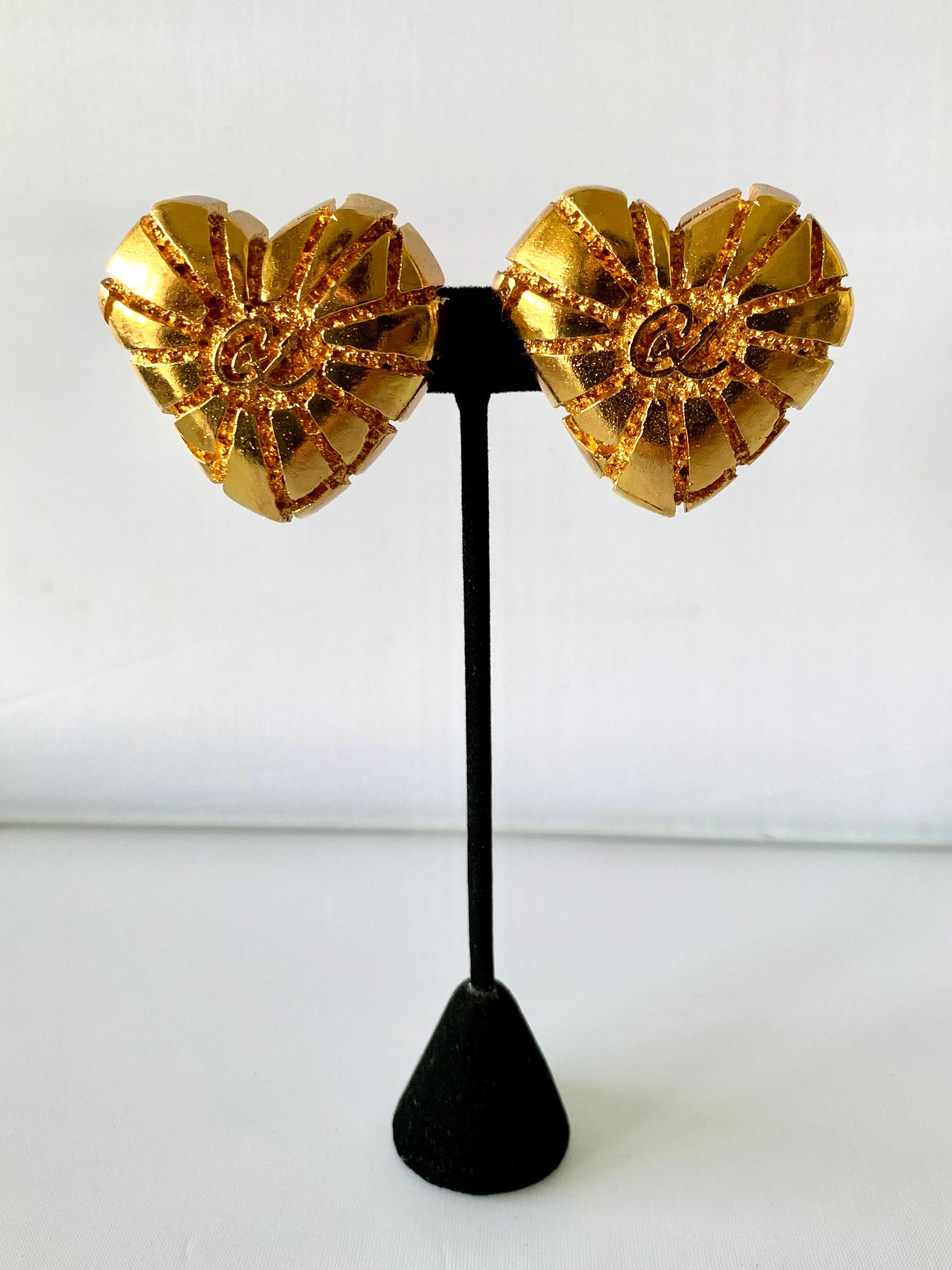 Contemporary XL Gold Heart Christian Lacroix Earrings 