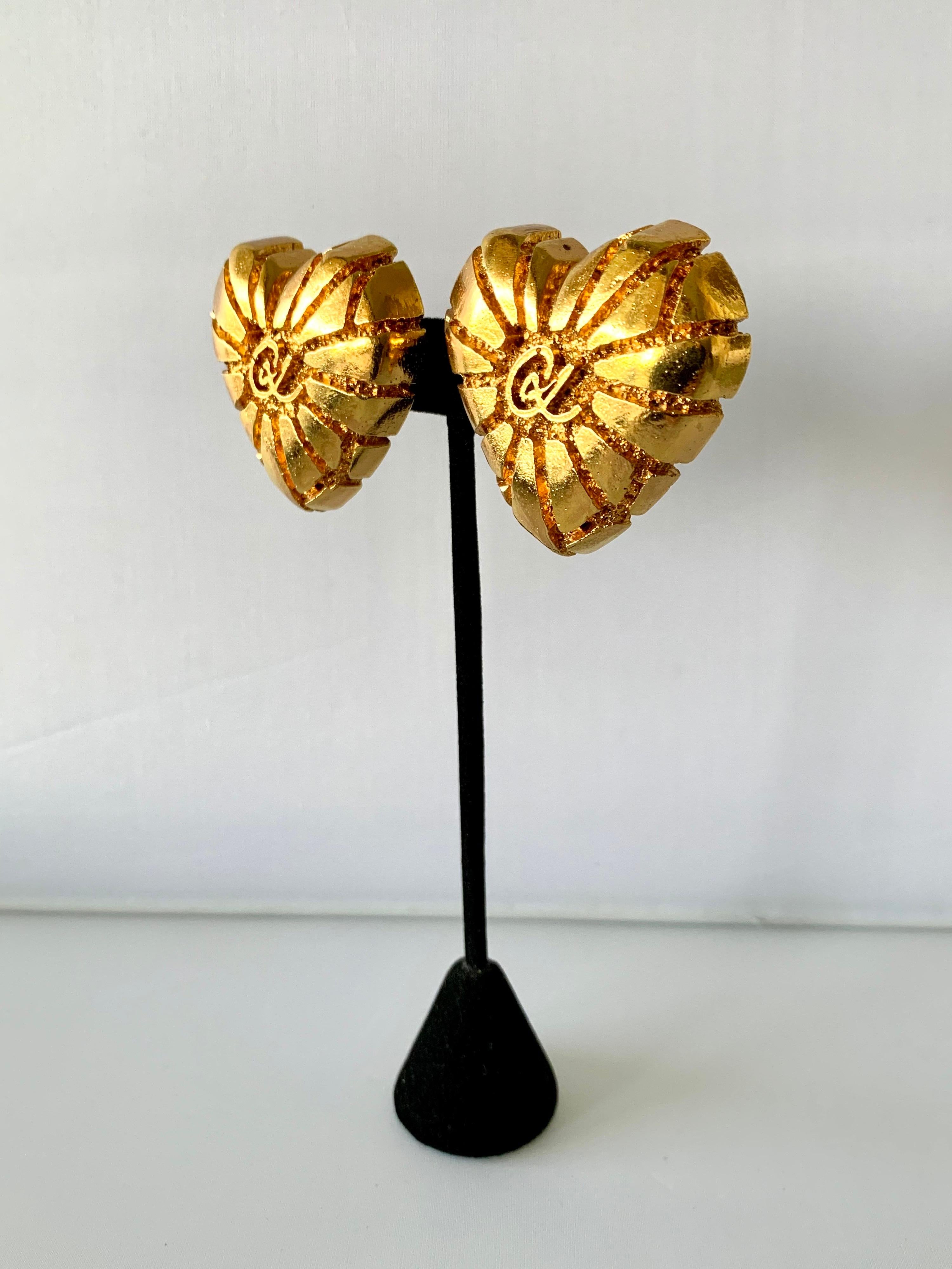 XL Gold Heart Christian Lacroix Earrings  In Excellent Condition In Palm Springs, CA