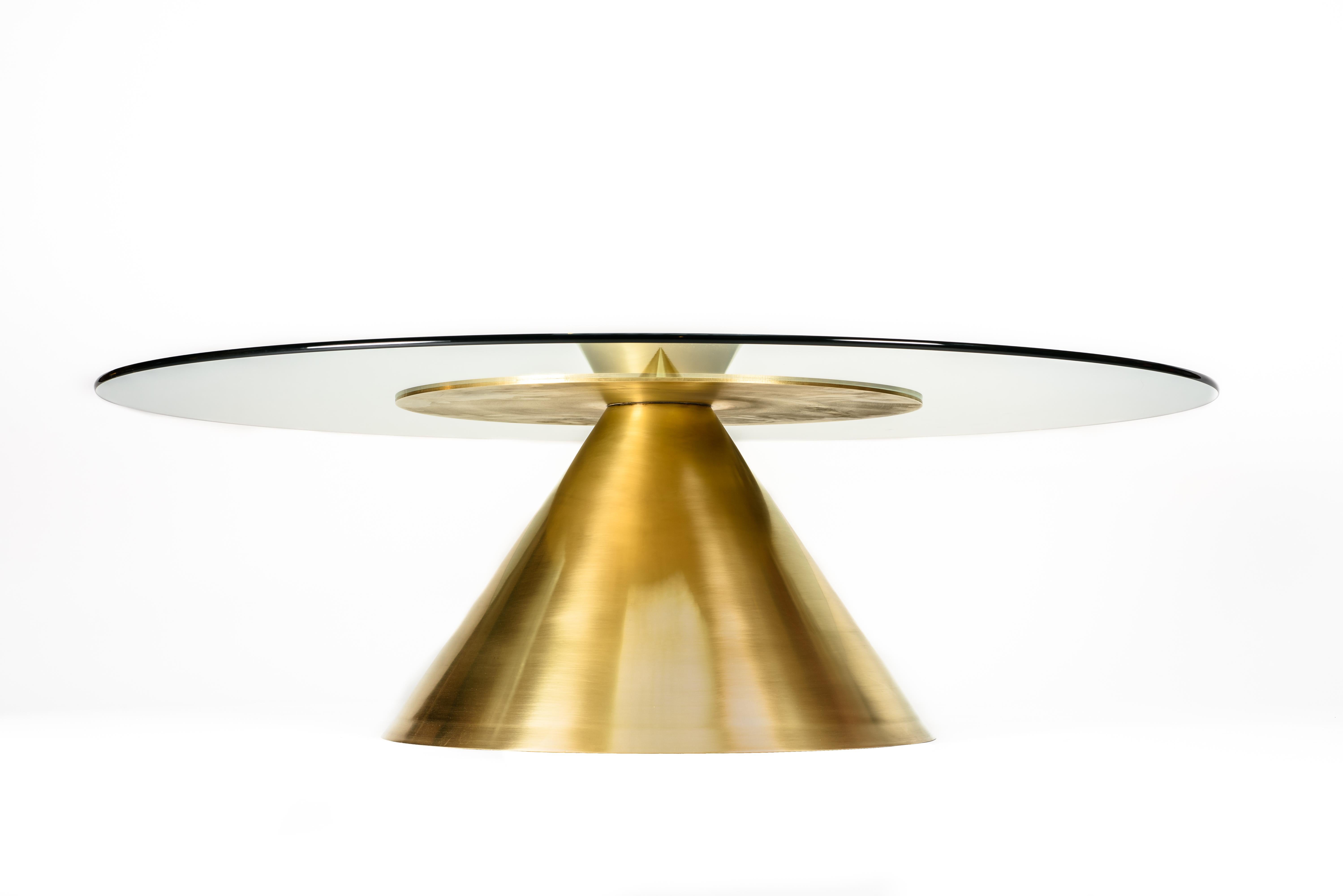 XL Halo Coffee Table w/ Polished Spun Bronze Base and Tempered Glass Top In New Condition For Sale In Brooklyn, NY