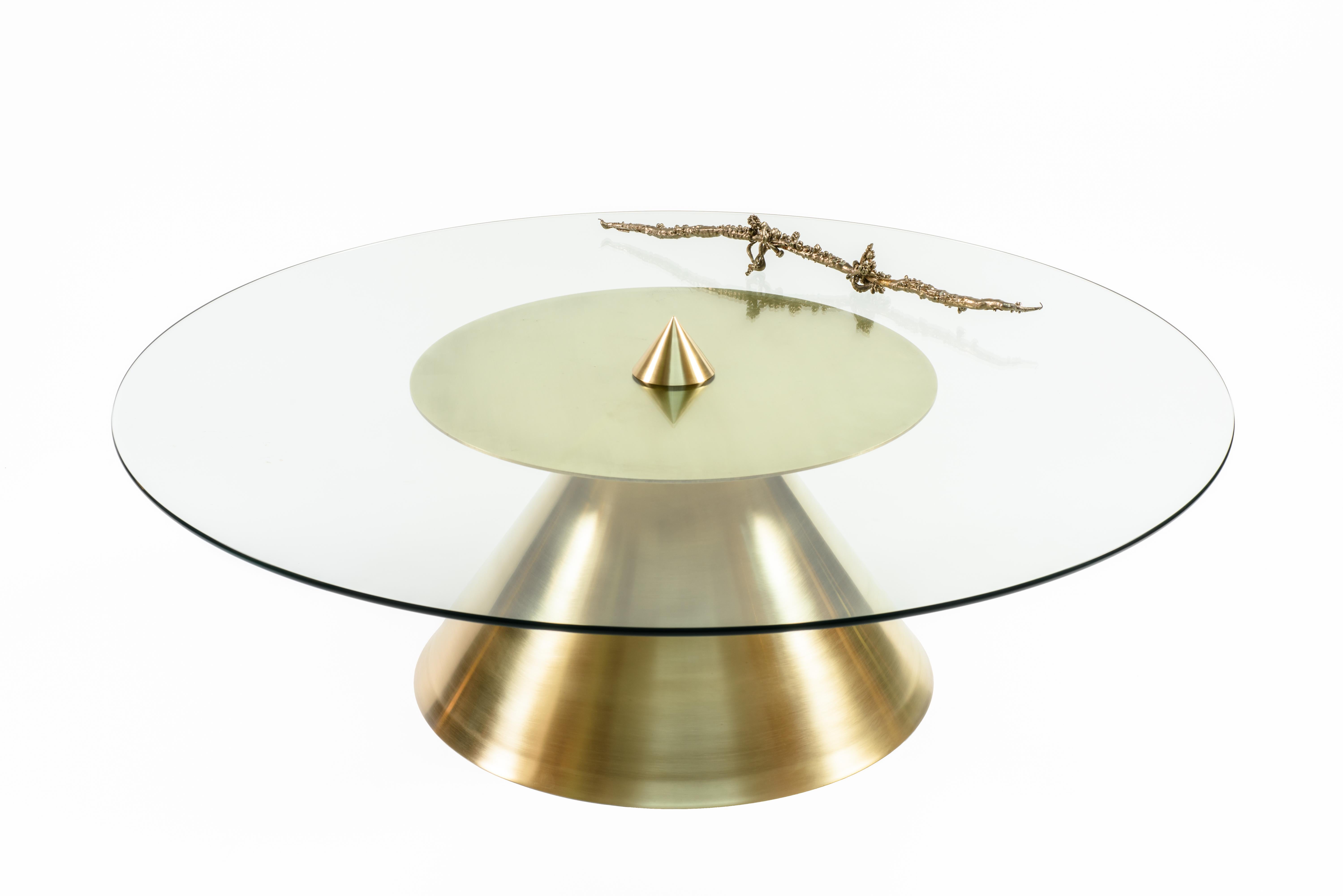 Contemporary XL Halo Coffee Table w/ Polished Spun Bronze Base and Tempered Glass Top For Sale