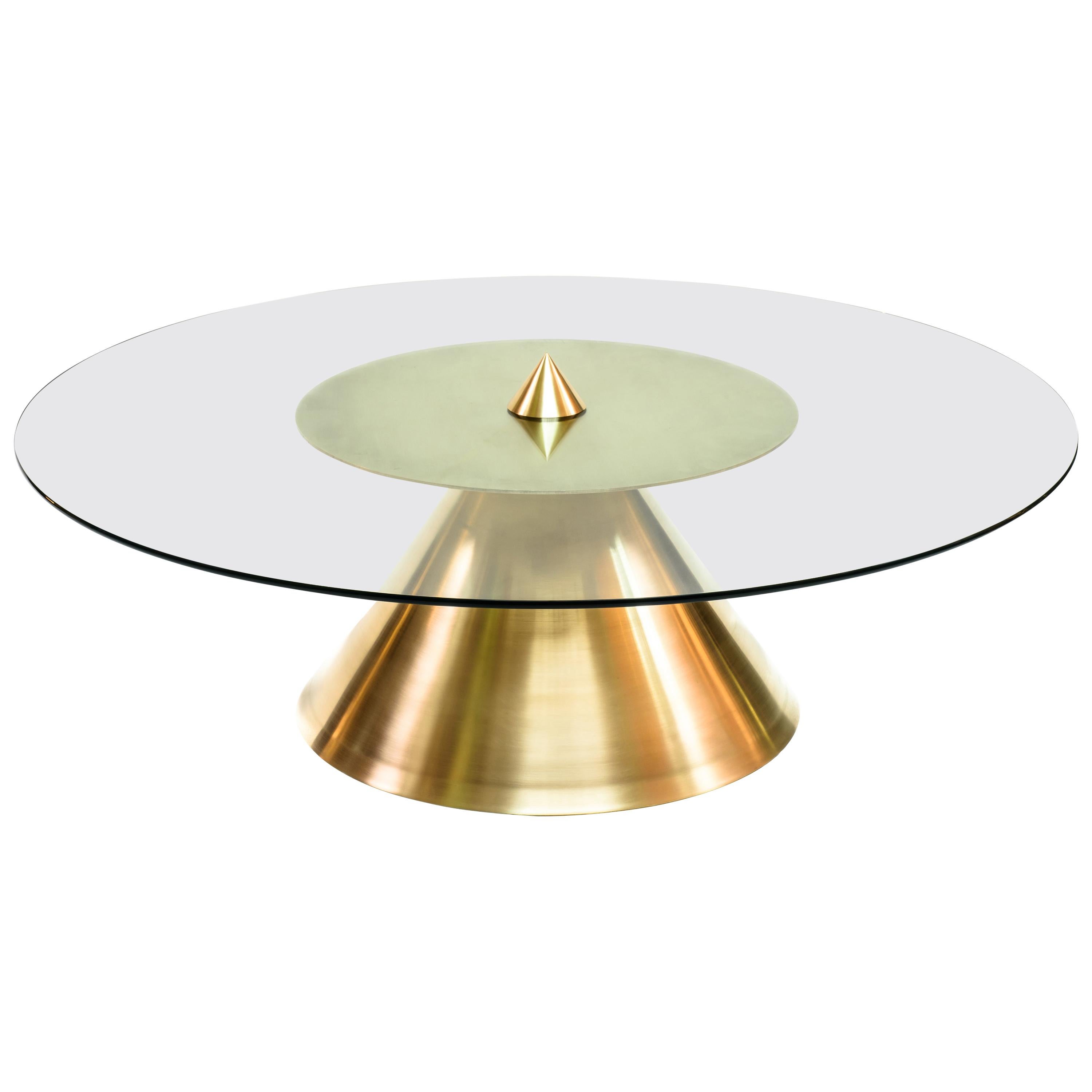 XL Halo Coffee Table w/ Polished Spun Bronze Base and Tempered Glass Top For Sale