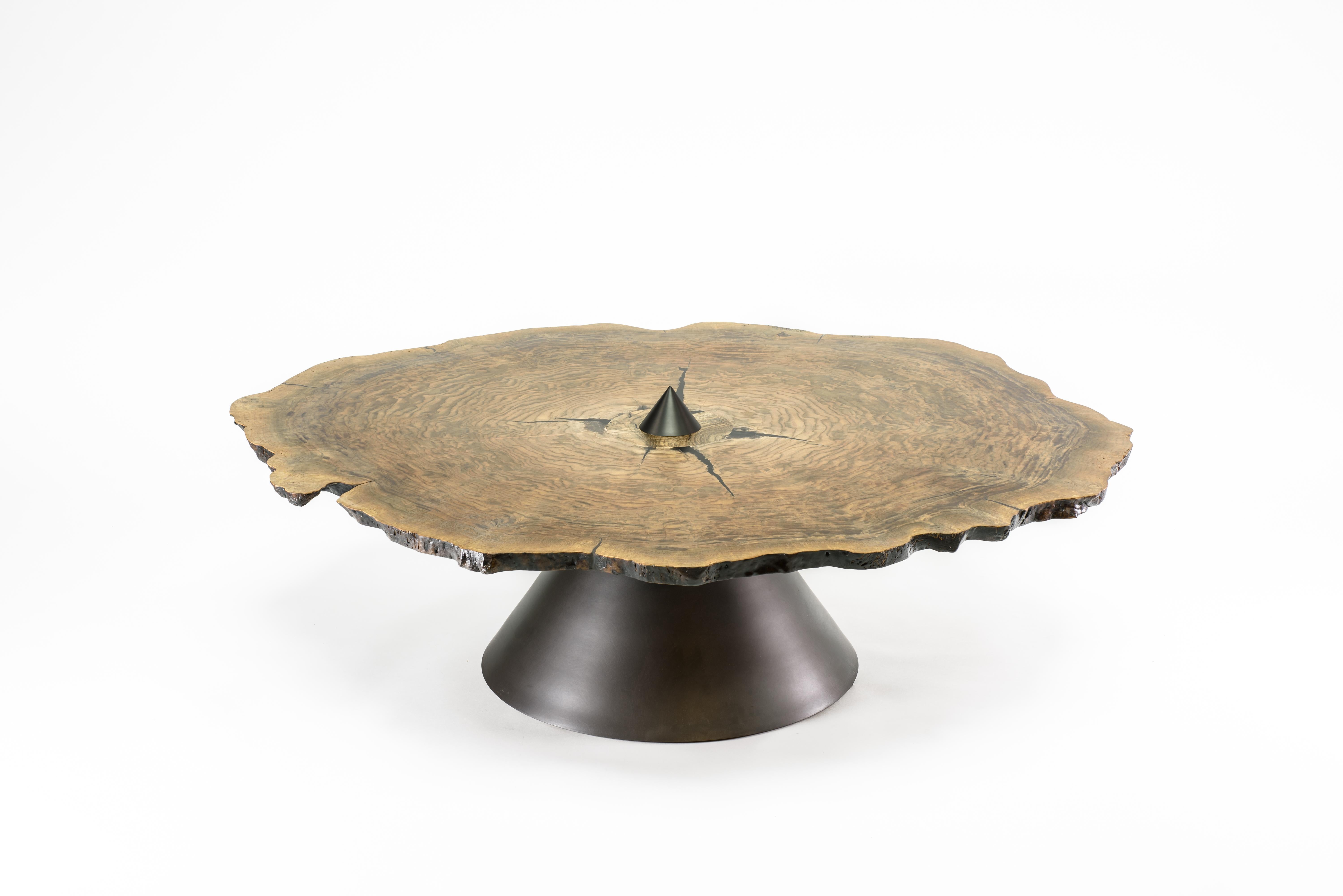 Contemporary XL HALO Coffee Table in Bastogne Walnut Slab w/ Blackened Bronze Base by EÆ For Sale