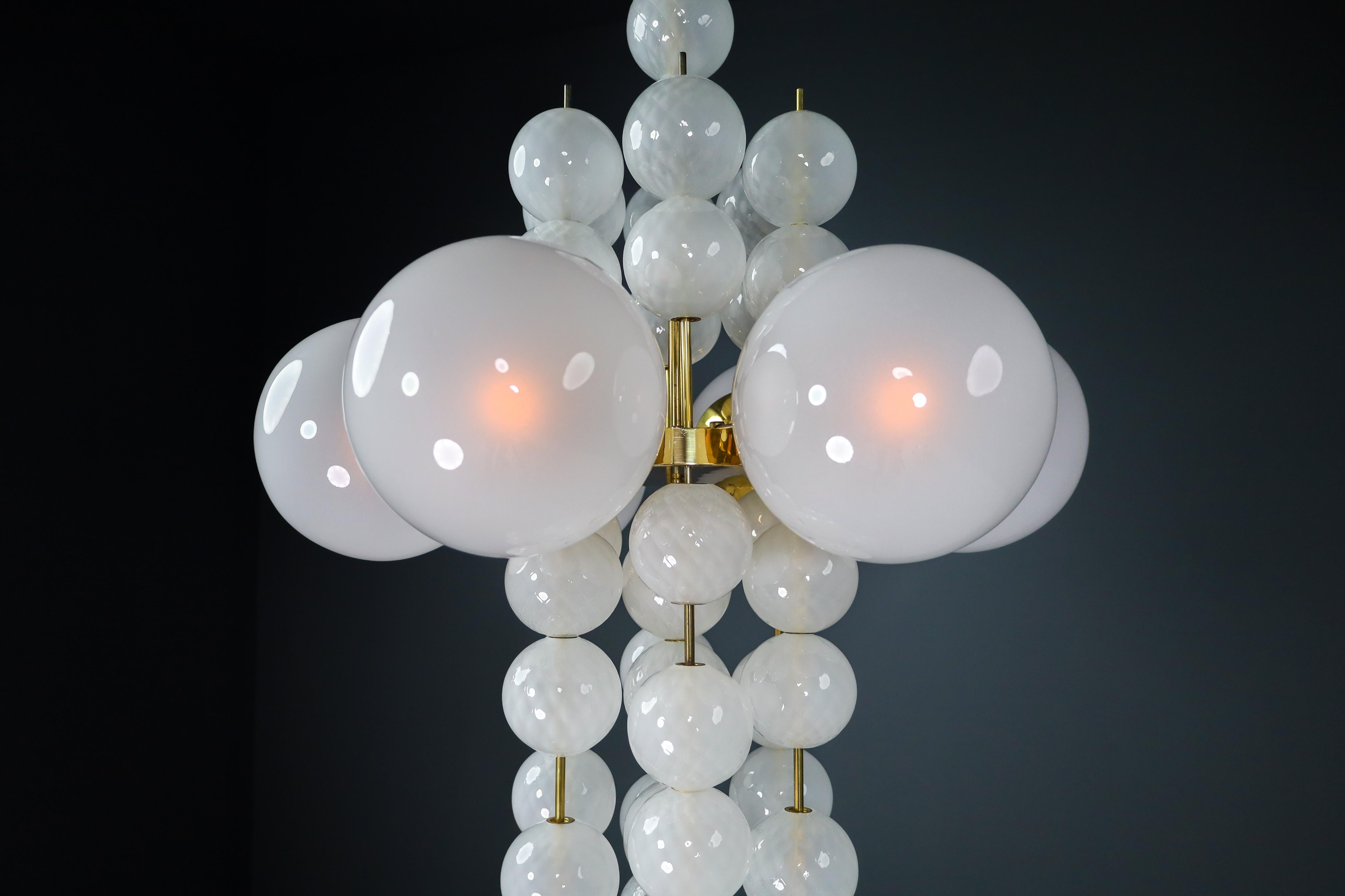 XL Hotel Chandelier with Brass Fixture and Hand-Blowed Frosted Glass Globes For Sale 3