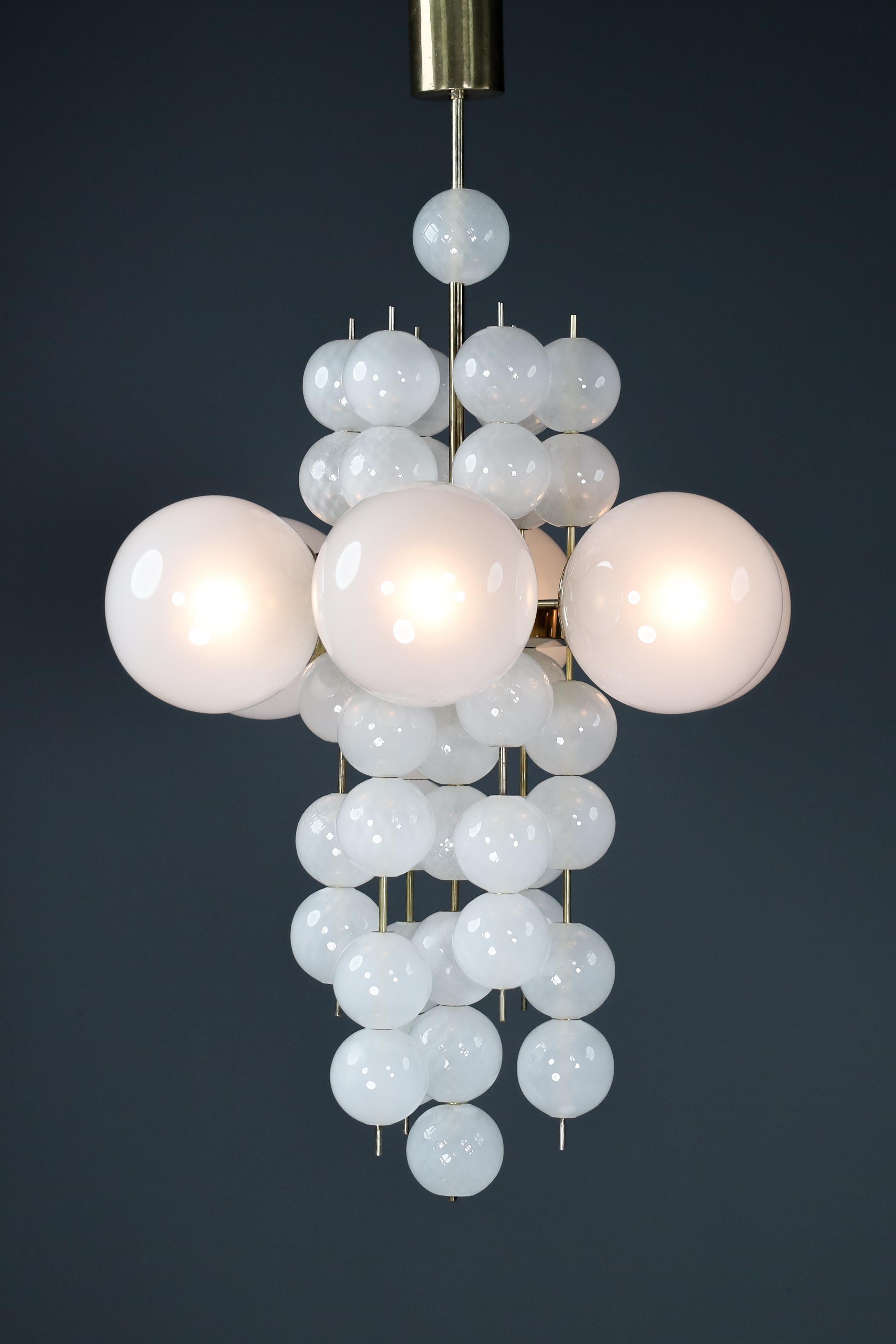 XL Hotel Chandelier with Brass Fixture and Hand-Blowed Frosted Glass Globes For Sale 5