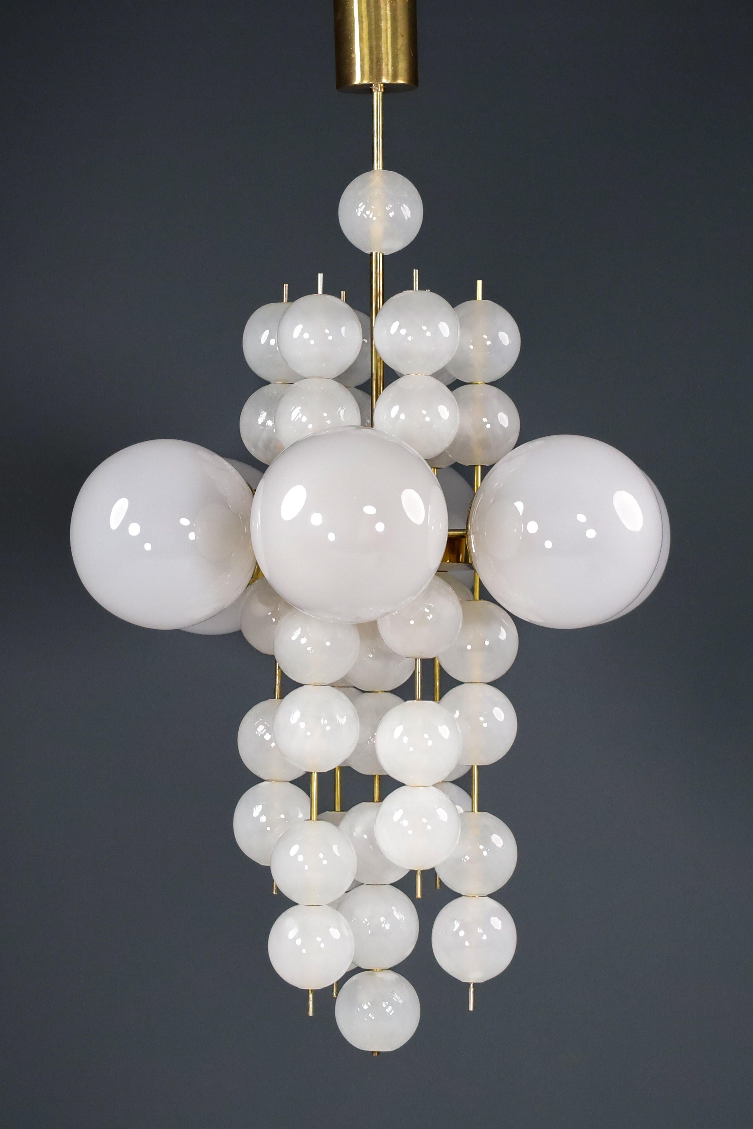 XL Hotel Chandelier with Brass Fixture and Hand-Blowed Frosted Glass Globes For Sale 6