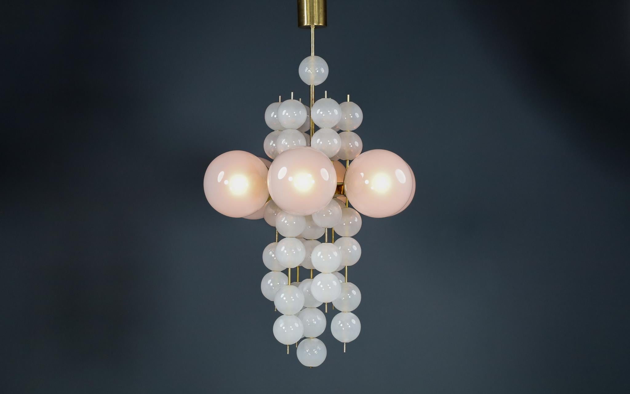 Mid-Century Modern XL Hotel Chandelier with Brass Fixture and Hand-Blowed Frosted Glass Globes