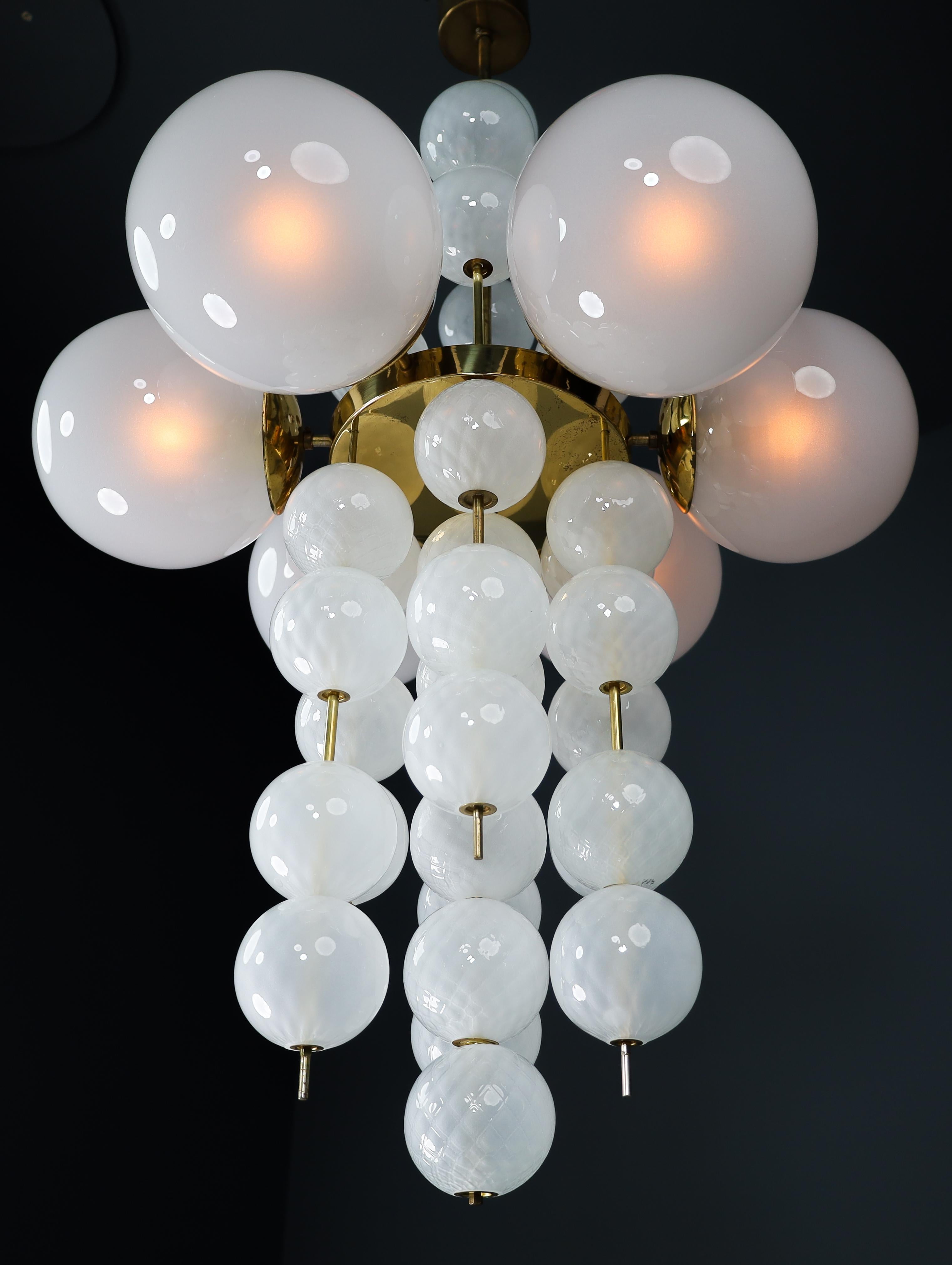 Czech XL Hotel Chandelier with Brass Fixture and Hand-Blowed Frosted Glass Globes For Sale