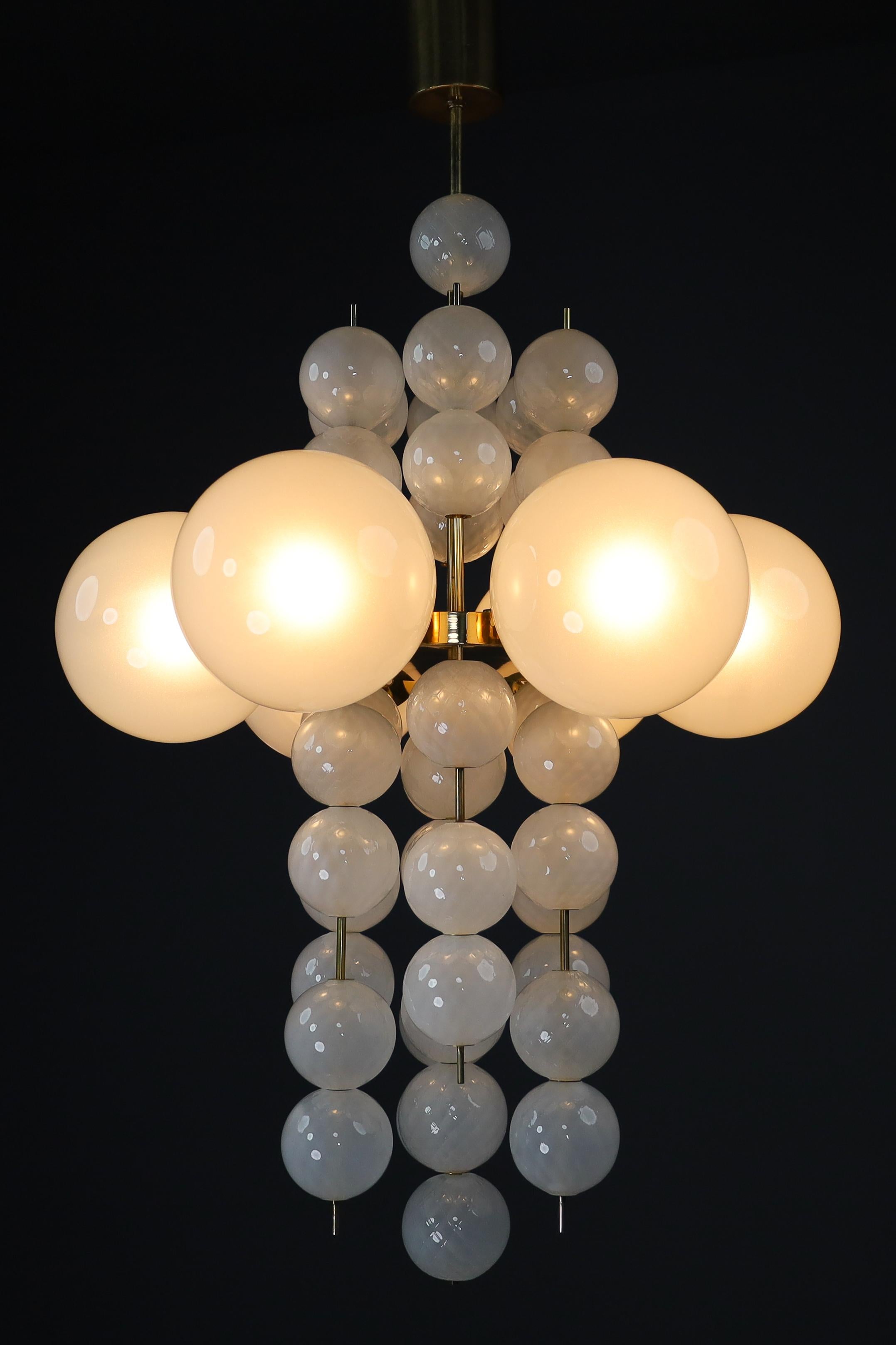 20th Century XL Hotel Chandelier with Brass Fixture and Hand-Blowed Frosted Glass Globes For Sale