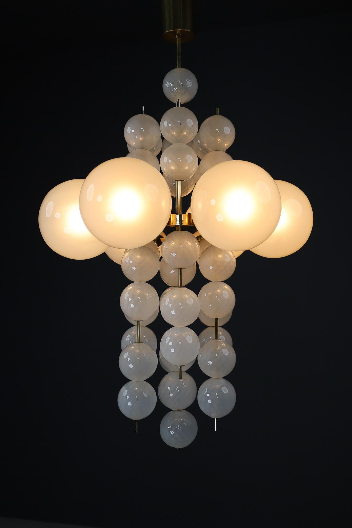 XL Hotel Chandelier with Brass Fixture and Hand-Blowed Frosted Glass Globes In Good Condition In Almelo, NL