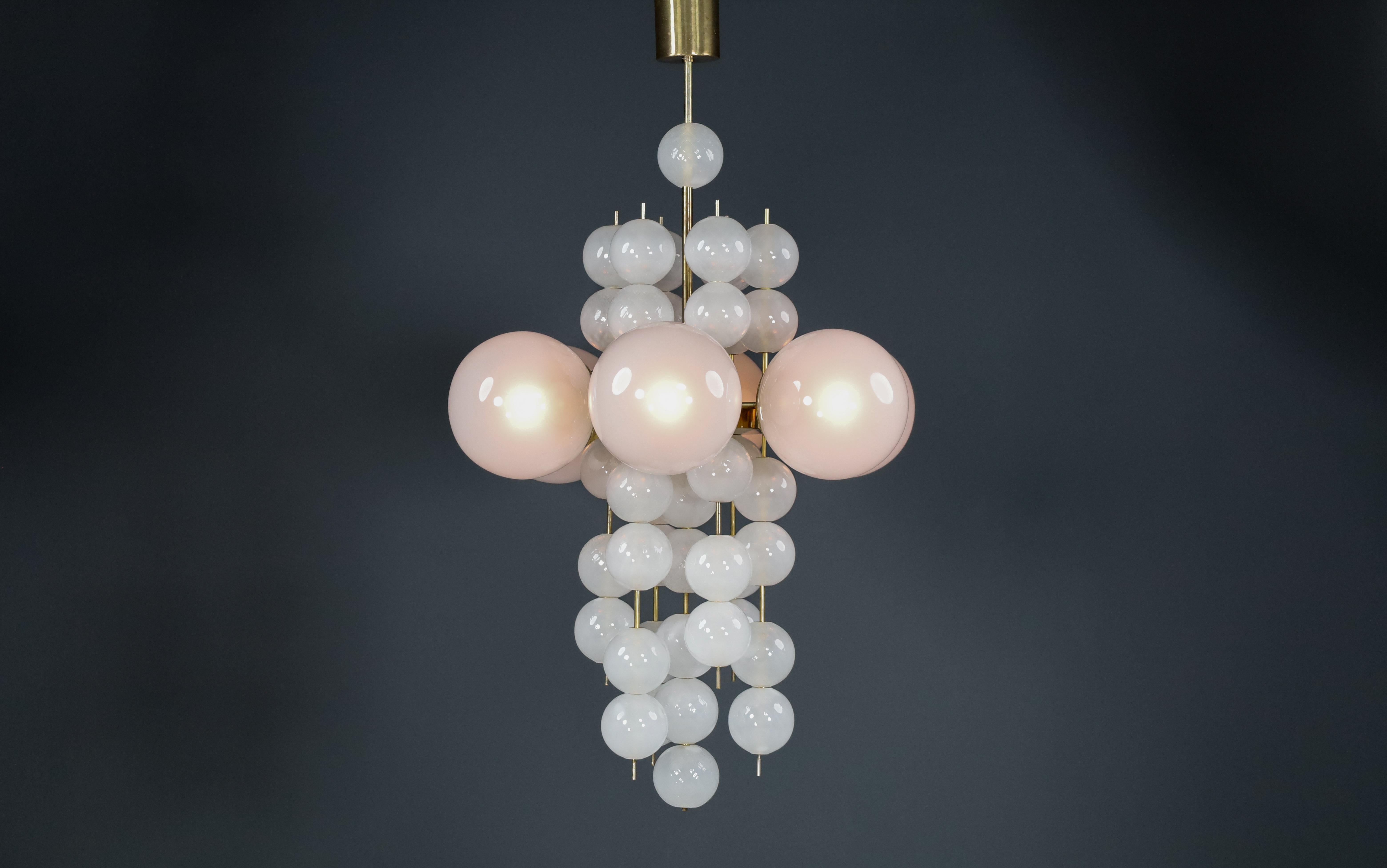XL Hotel Chandelier with Brass Fixture and Hand-Blowed Frosted Glass Globes For Sale 2