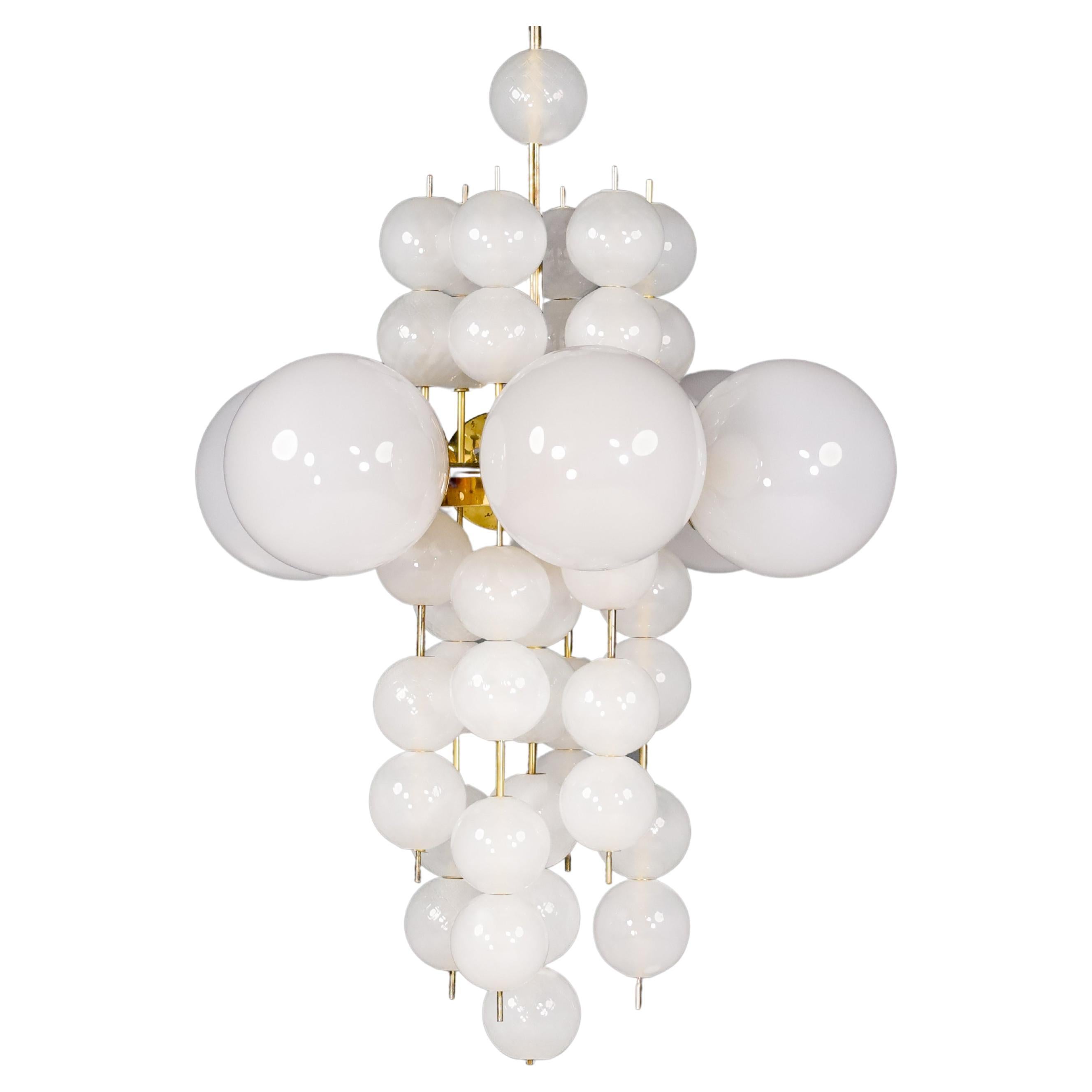 XL Hotel Chandelier with Brass Fixture and Hand-Blowed Frosted Glass Globes For Sale