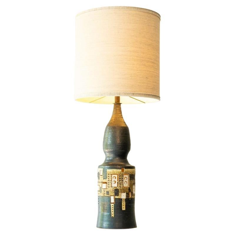 Lampe de bureau XL en céramique anthracite irisée, abat-jour en soie de R. Houben