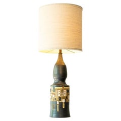 XL schillernde Anthrazitfarbene Keramik-Tischlampe mit FLoor, Lampenschirm aus Seide von R. Houben