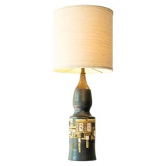 XL Iridescent Anthracite Ceramic FLoor Table Lamp, Silk Lampshade by R. Houben
