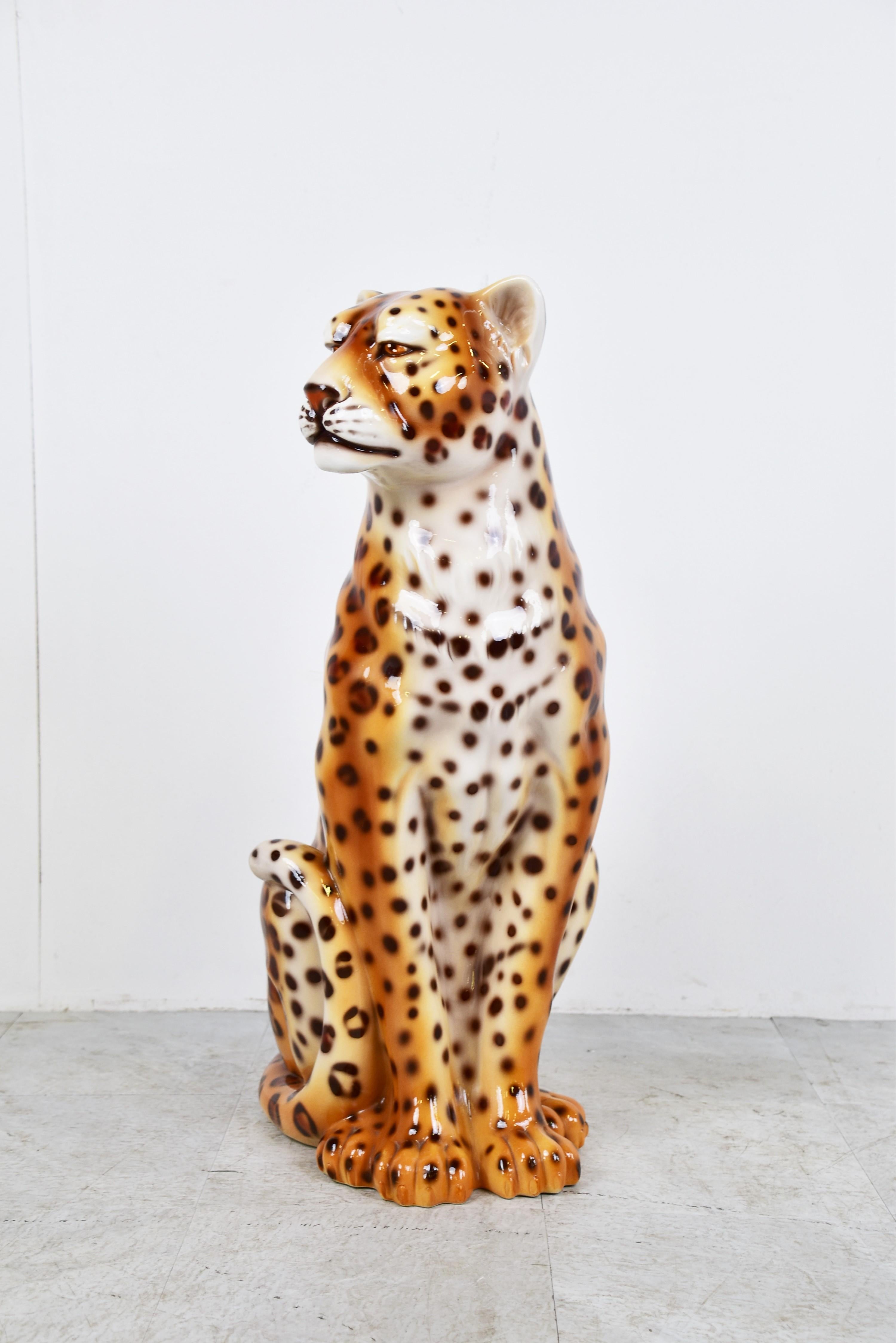 Large hand painted ceramic leopard sculpture.

Beautiful natural pose and very well sculpted leopard.

Good condition, no damage

1960's - Italy

Dimensions: 
Height: 81cm/31.88