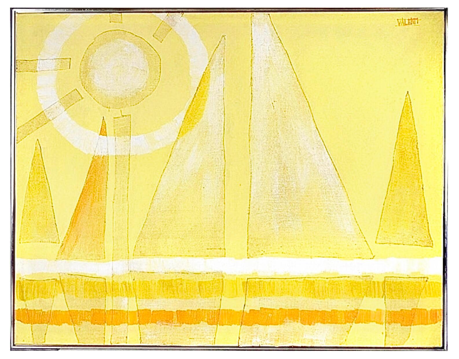 XX secolo XL Italo Valenti Pittura ad olio cubista astratta a tecnica mista con barca a vela della metà del secolo scorso in vendita
