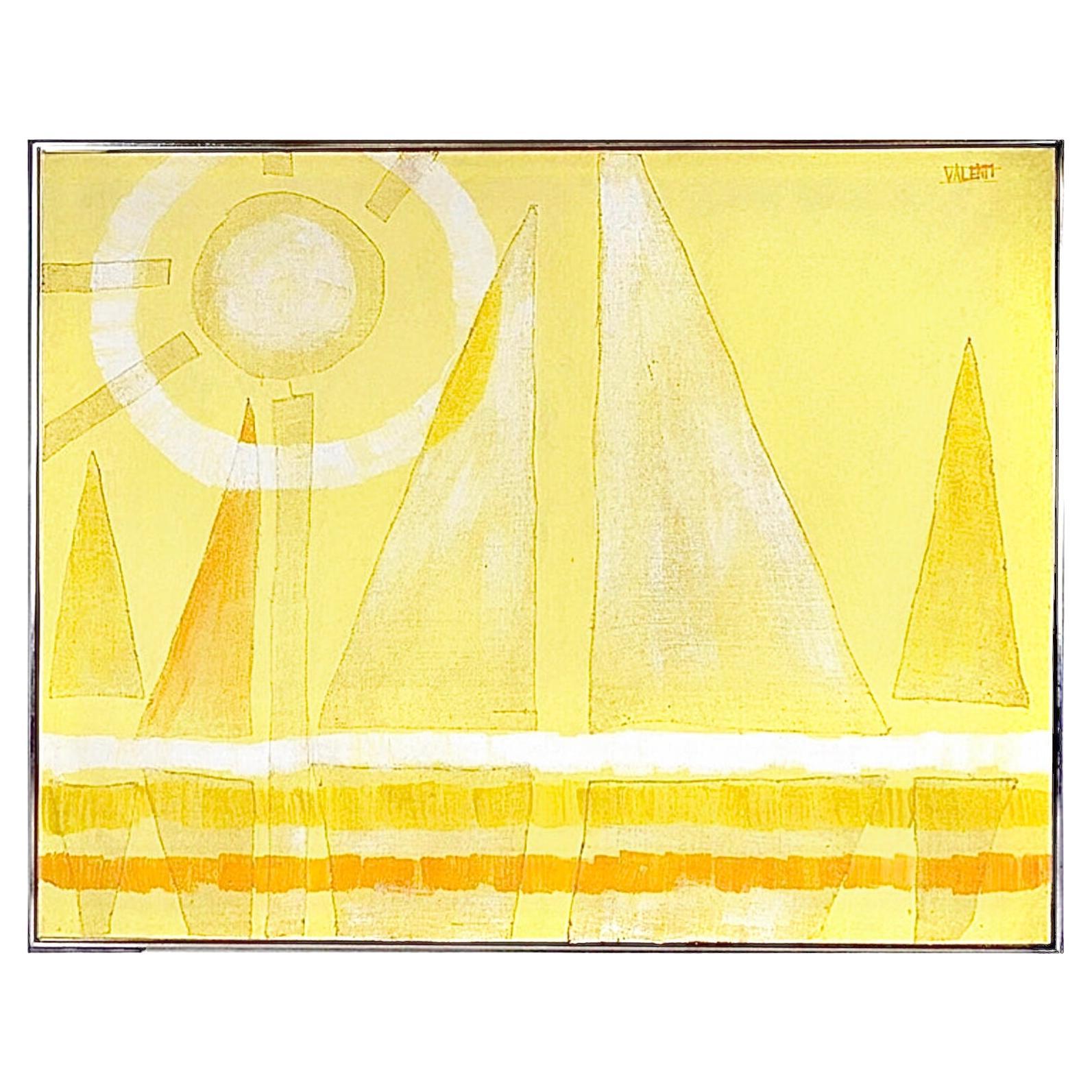 XL Italo Valenti Pintura al óleo cubista abstracta de mediados de siglo en técnica mixta Velero