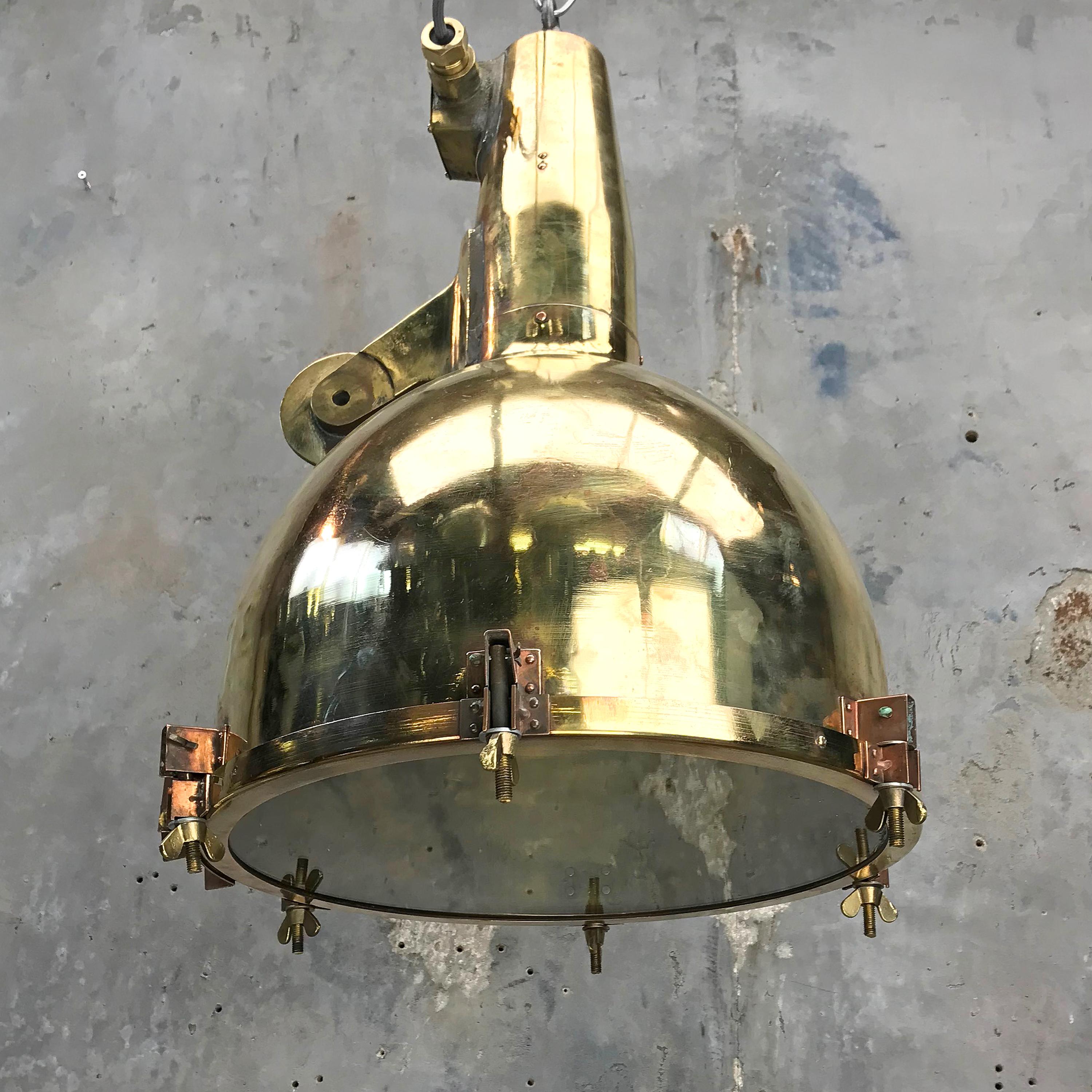 This super size fitting was salvaged from an old Japanese cargo ship built during the 1970s, these lights have travelled one million miles at sea!

We have expertly converted the search light to be a pendant for down lighting areas such as