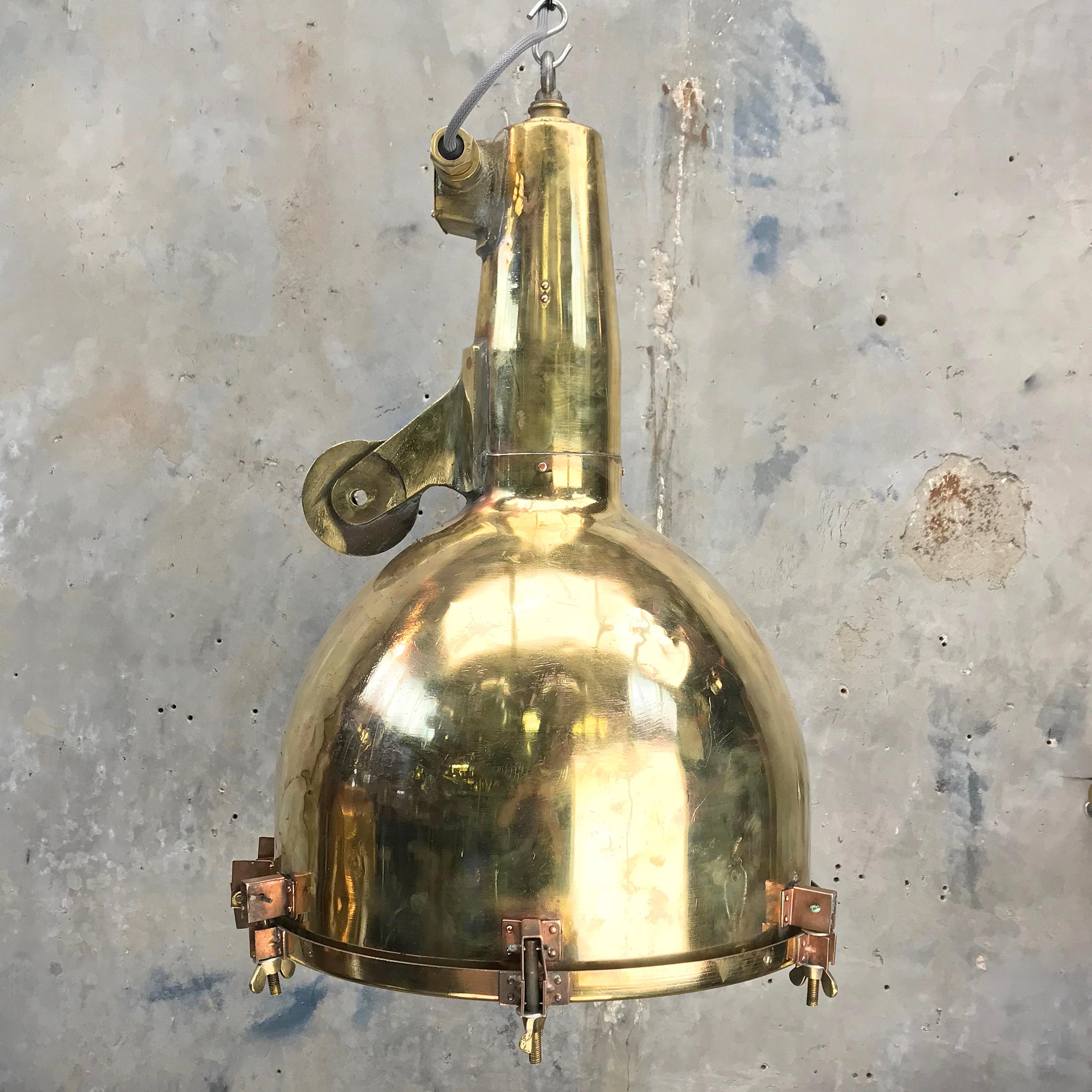Industrial XL Japanese Brass Marine Nautical Searchlight Pendant Lamp, 1970s