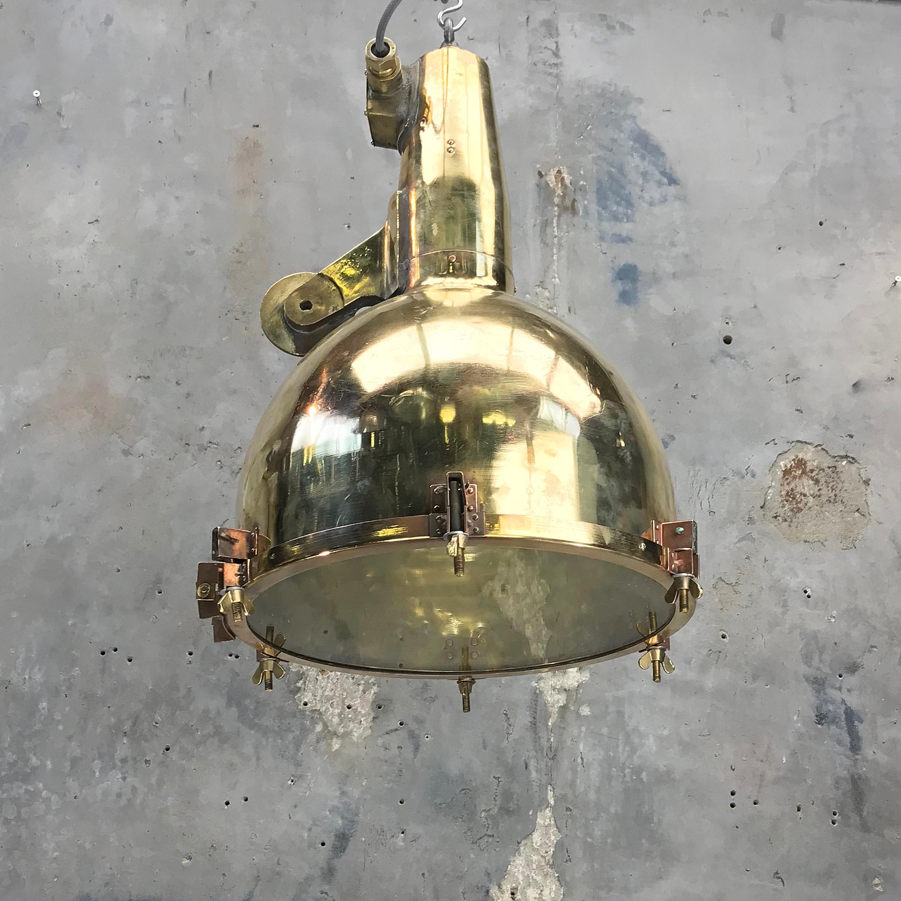 Late 20th Century XL Japanese Brass Marine Nautical Searchlight Pendant Lamp, 1970s
