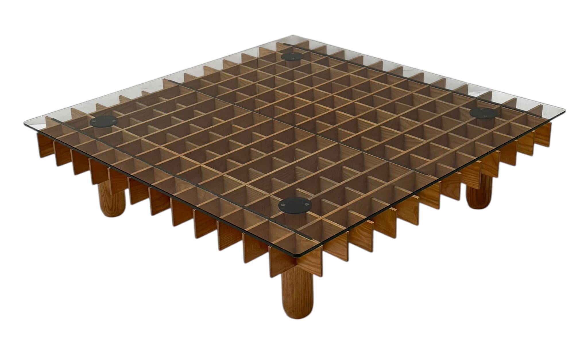 Magnificent and rare Mid-Century Modern extra large Kyoto graphic coffee table.
Design by Gianfranco Frattini for Pierluigi Ghianda / Knoll.
Striking Italian design from the 1970s.
Natural ash base with new laminated glass top for extra