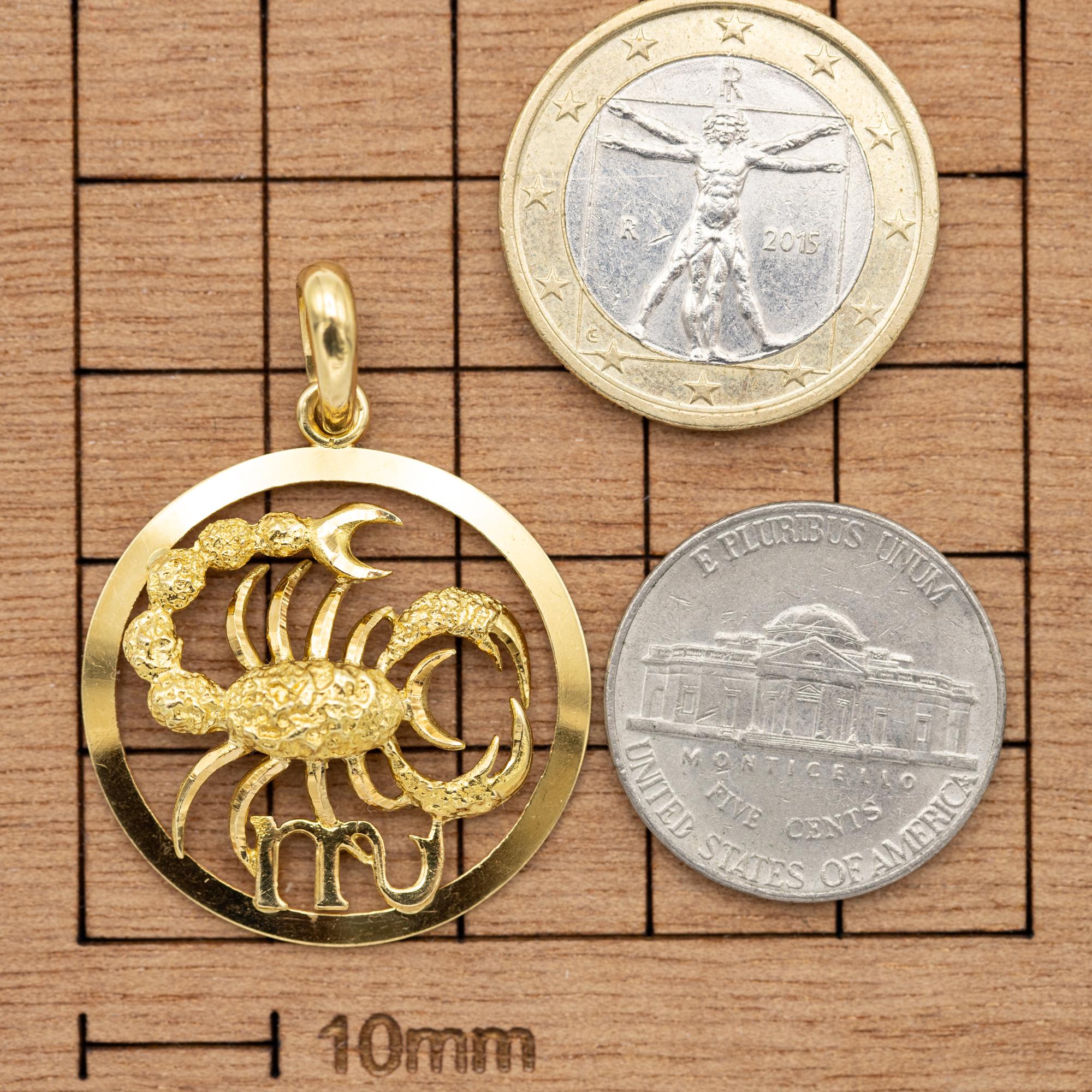 Modern XL Large 18k zodiac charm pendant - Scorpio medallion - solid yellow gold For Sale