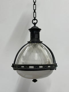 XL Large Antique Vintage French Caged Holophane Glass Ceiling Pendant Light Lamp