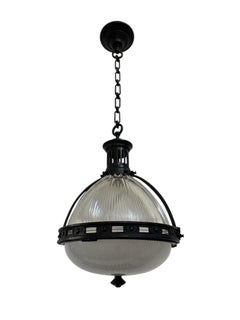 XL Large Antique Vintage French Caged Holophane Glass Ceiling Pendant Light Lamp