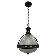 XL Large Antique Vintage French Caged Holophane Glass Ceiling Pendant Light Lamp