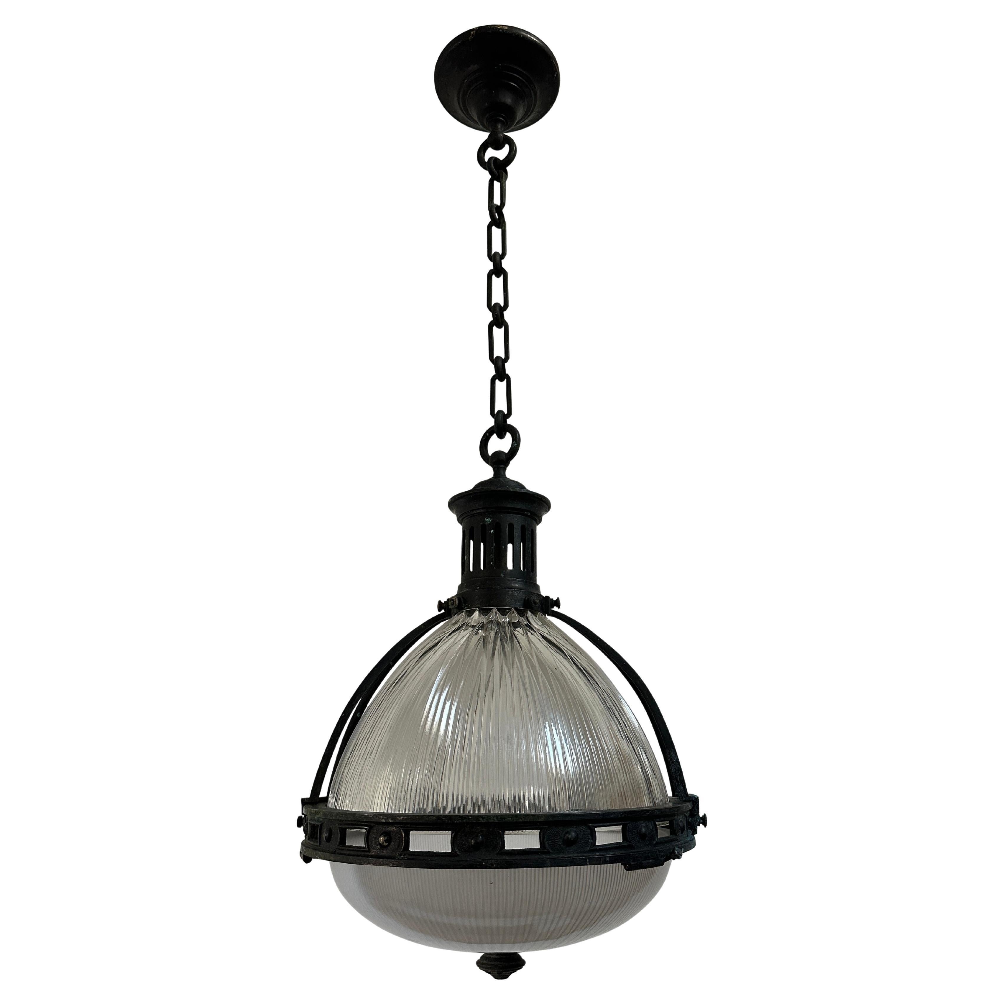 XL Große Antique French Vintage Caged Holophane Glas Decke Pendelleuchte Lampe