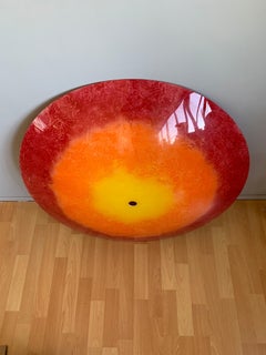 XL-große, flach montierte Mid-Century-Deckenleuchte mit fünf Leuchtmitteln aus rot-orange-gelbem Kunstglas