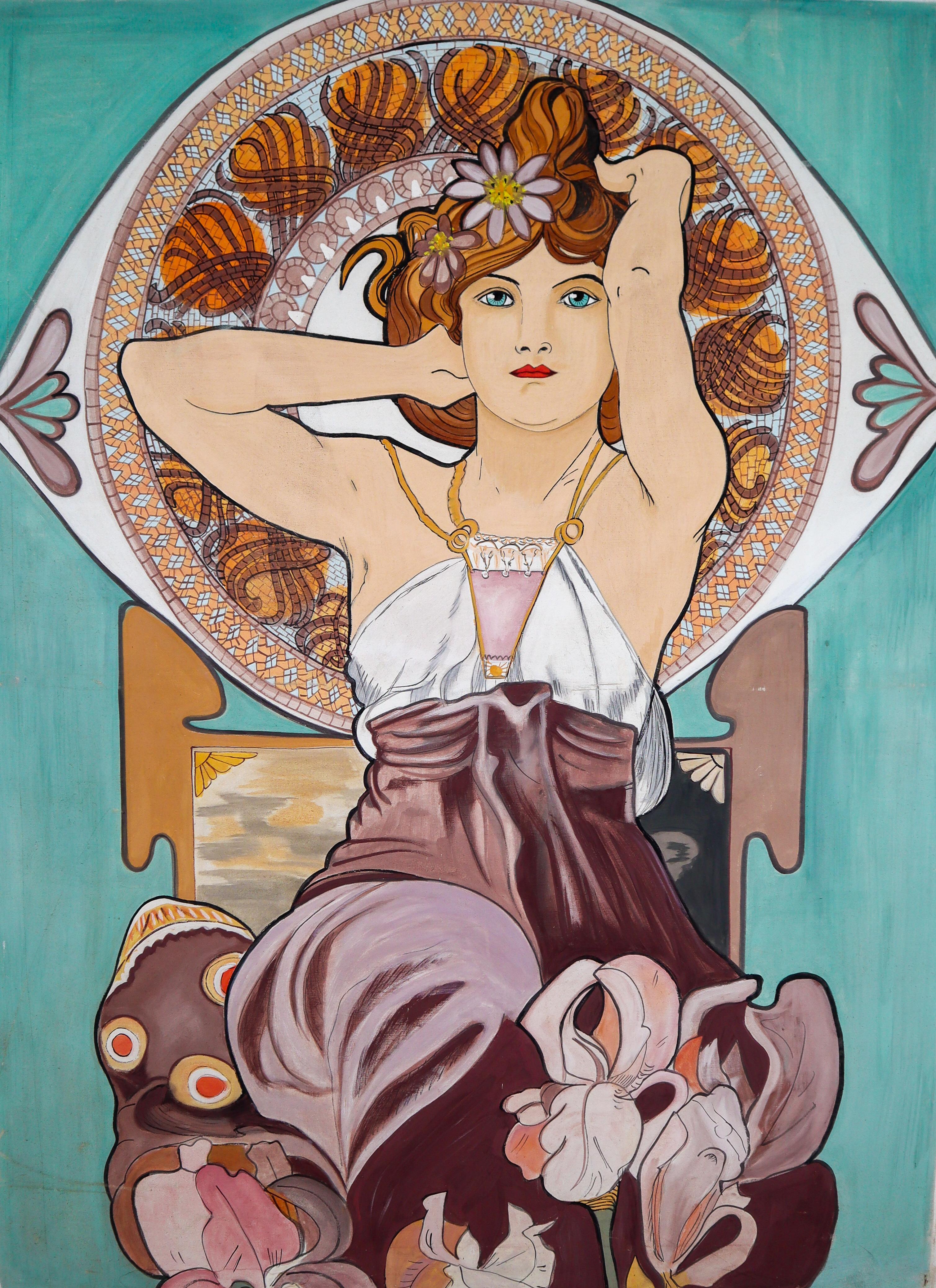 This large painting is in the style of Alphonse Mucha, from a famous theather in Prague. It's made of linen with a wooden frame in a collorful paint.
His style is characterized by the elegant lines, fresh pastel colors and lush motifs. His works are