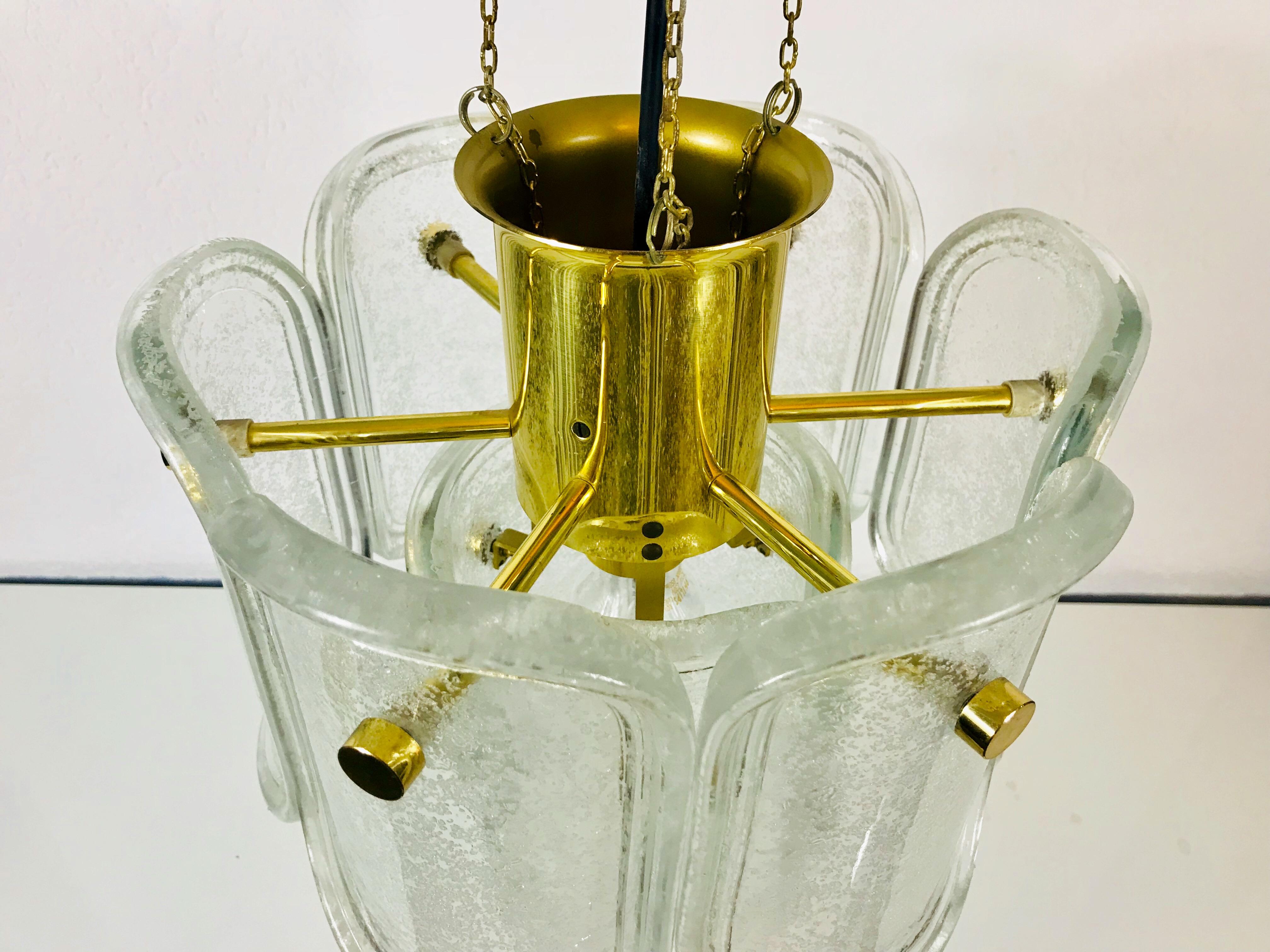 Extra Large Limburg Midcentury Two-Tier Brass and Ice Glass Chandelier For Sale 10