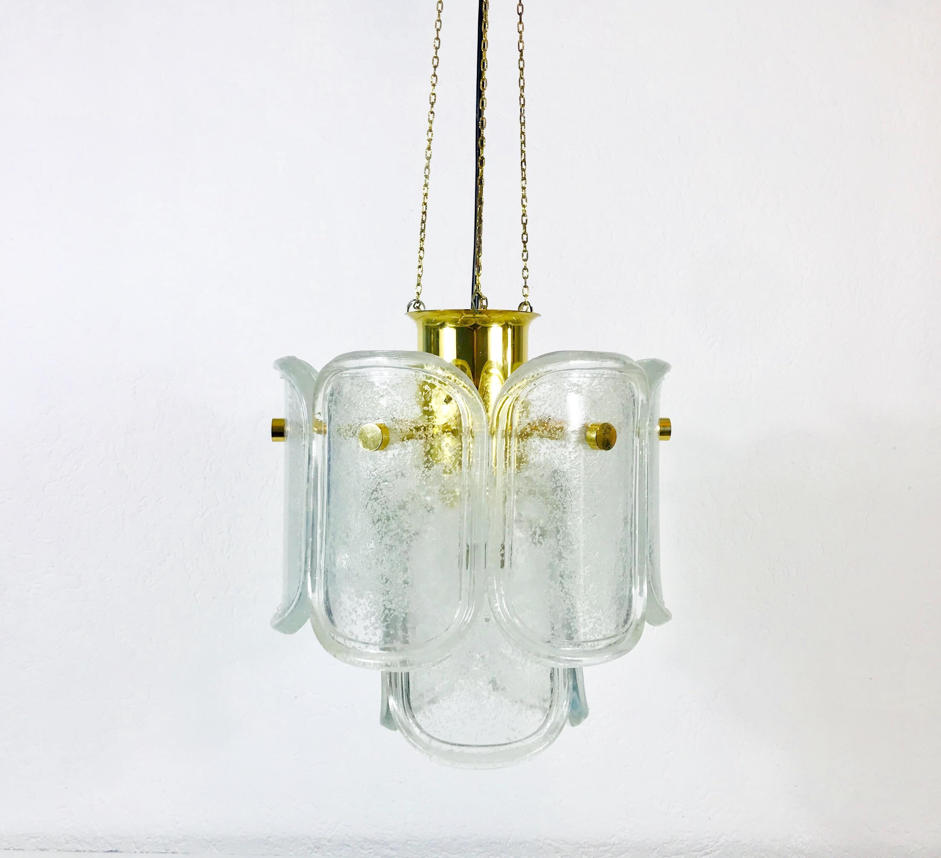 Mid-Century Modern Extra Large Limburg Midcentury Two-Tier Brass and Ice Glass Chandelier For Sale