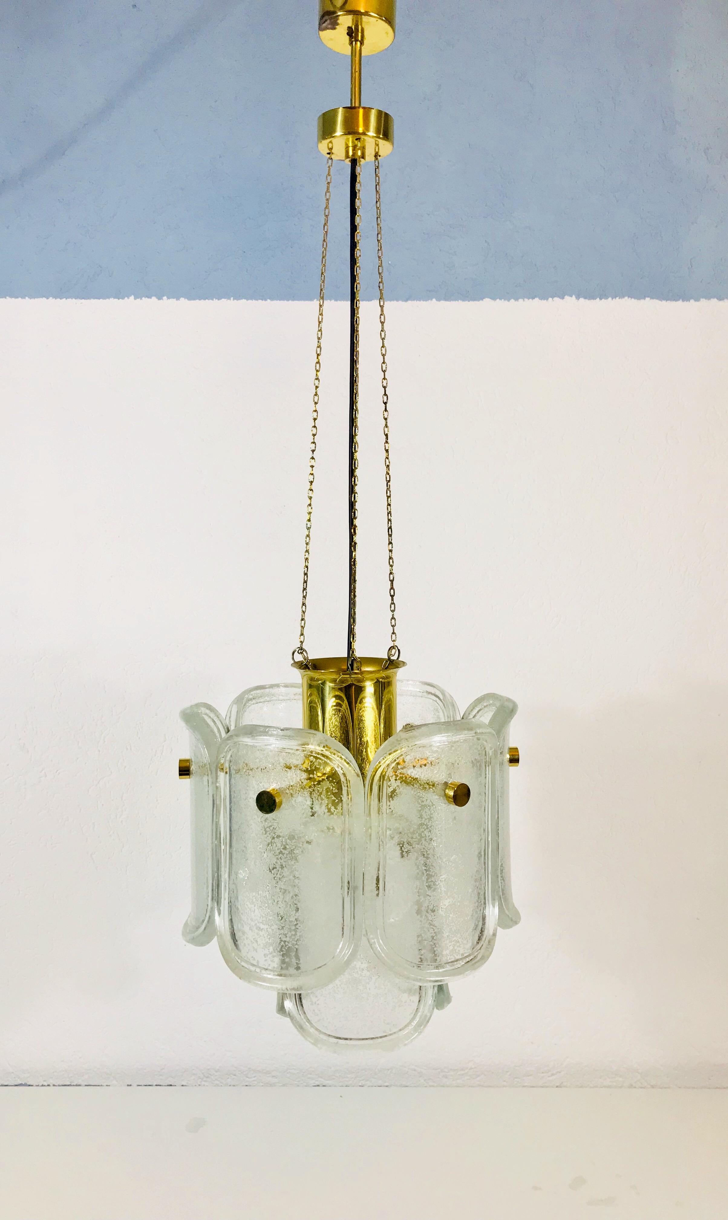 Mid-20th Century Extra Large Limburg Midcentury Two-Tier Brass and Ice Glass Chandelier For Sale