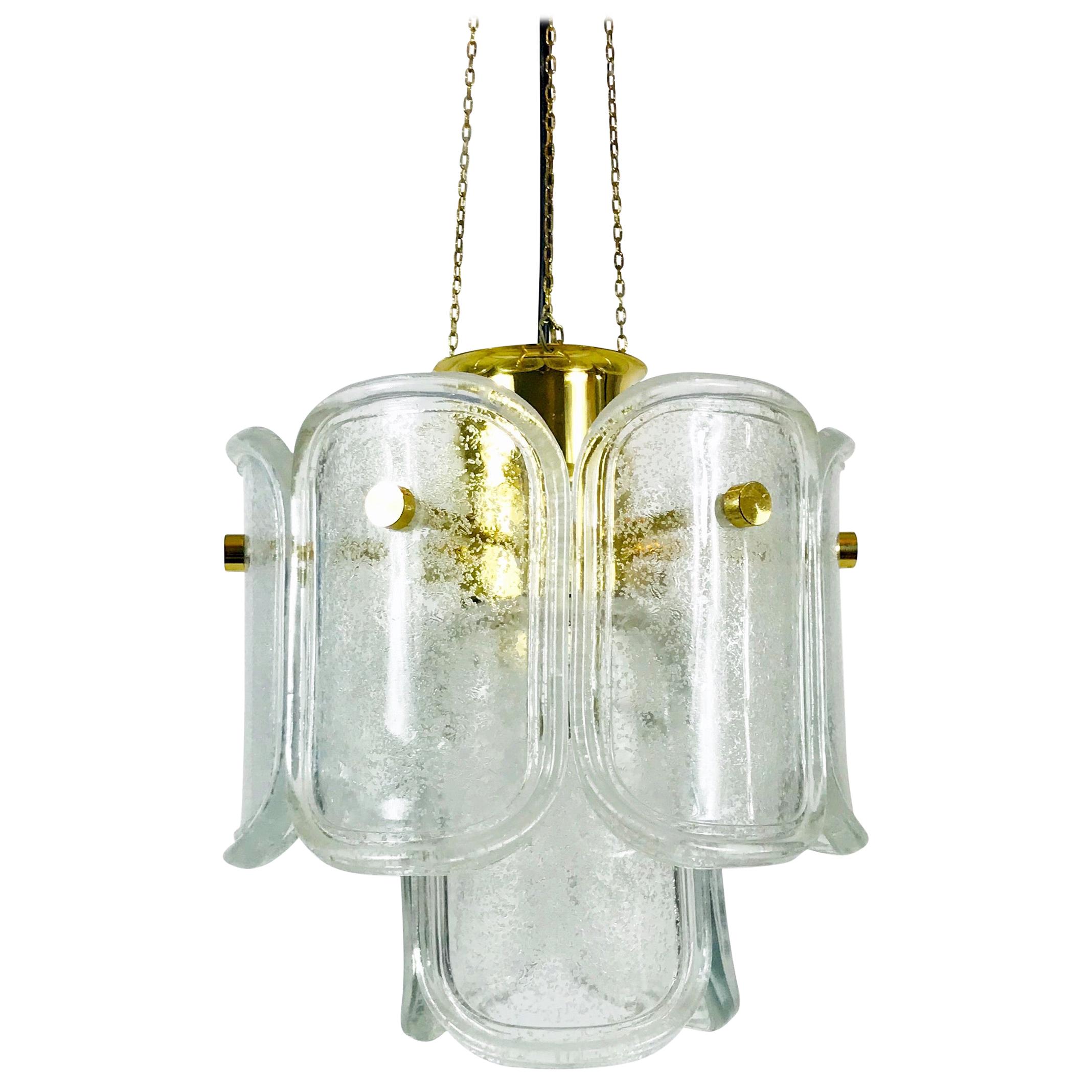Extra Large Limburg Midcentury Two-Tier Brass and Ice Glass Chandelier For Sale