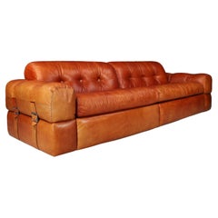 XL Lounge Sofa in Patinated Cognac Leather, Italy, 1970