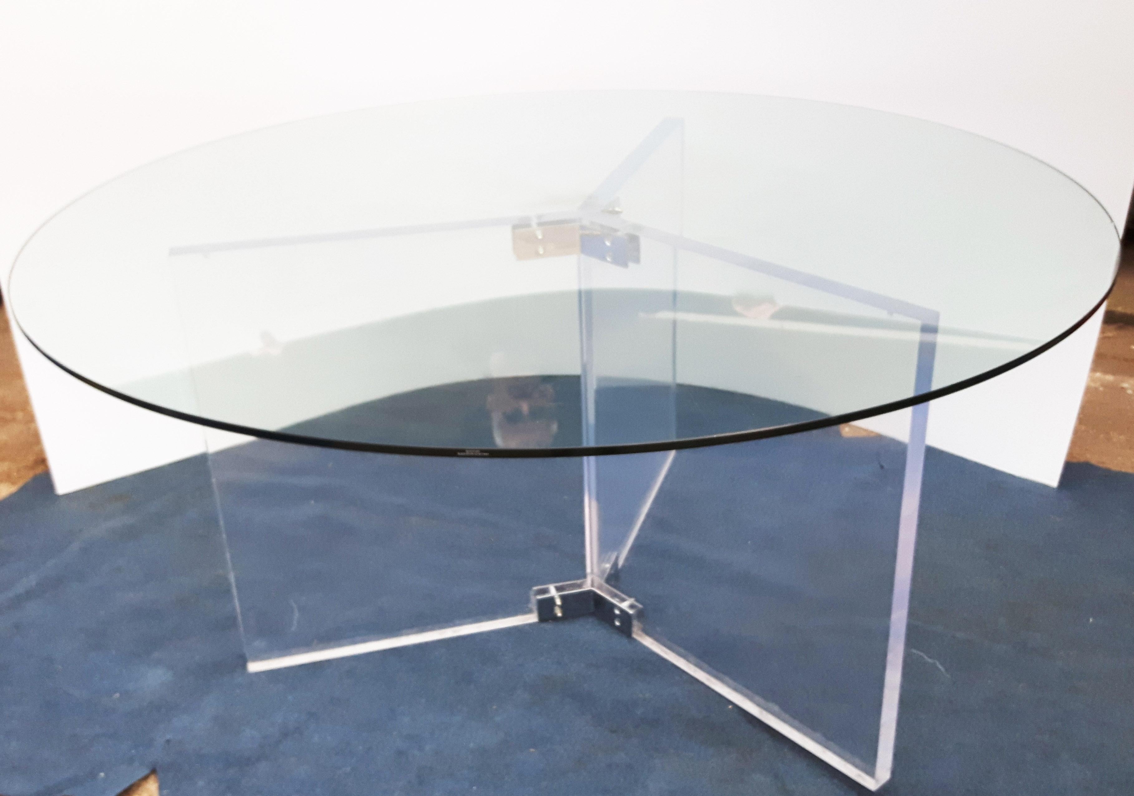Post-Modern XL Lucite Glass Chrome Round Dining Table Retro Space Age Postmodern Dumond 1970 For Sale