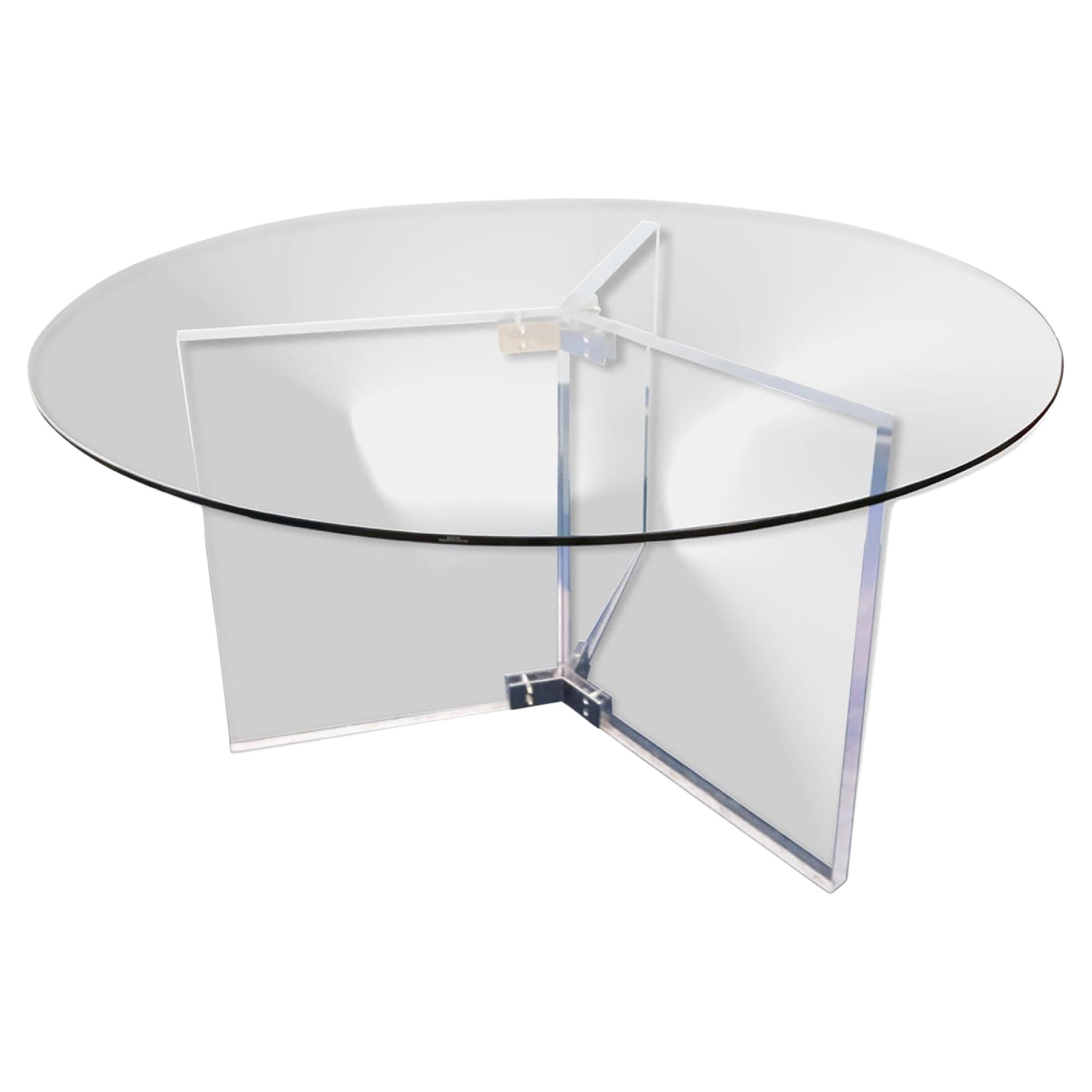 XL Lucite Glass Chrome Round Dining Table Retro Space Age Postmodern Dumond 1970 For Sale