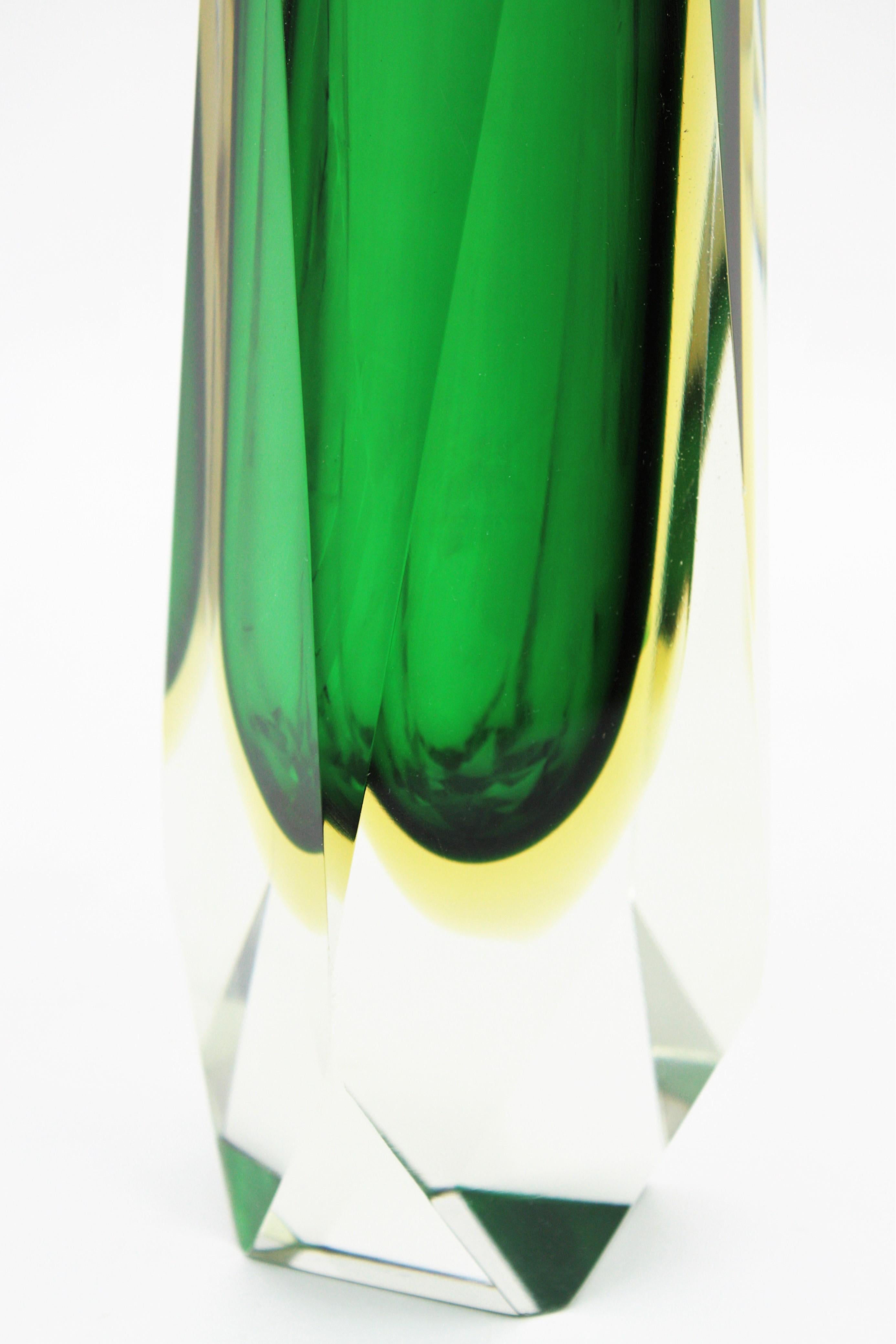 Extra Large Mandruzzato Murano Sommerso Green Black Yellow Faceted Glass Vase 3