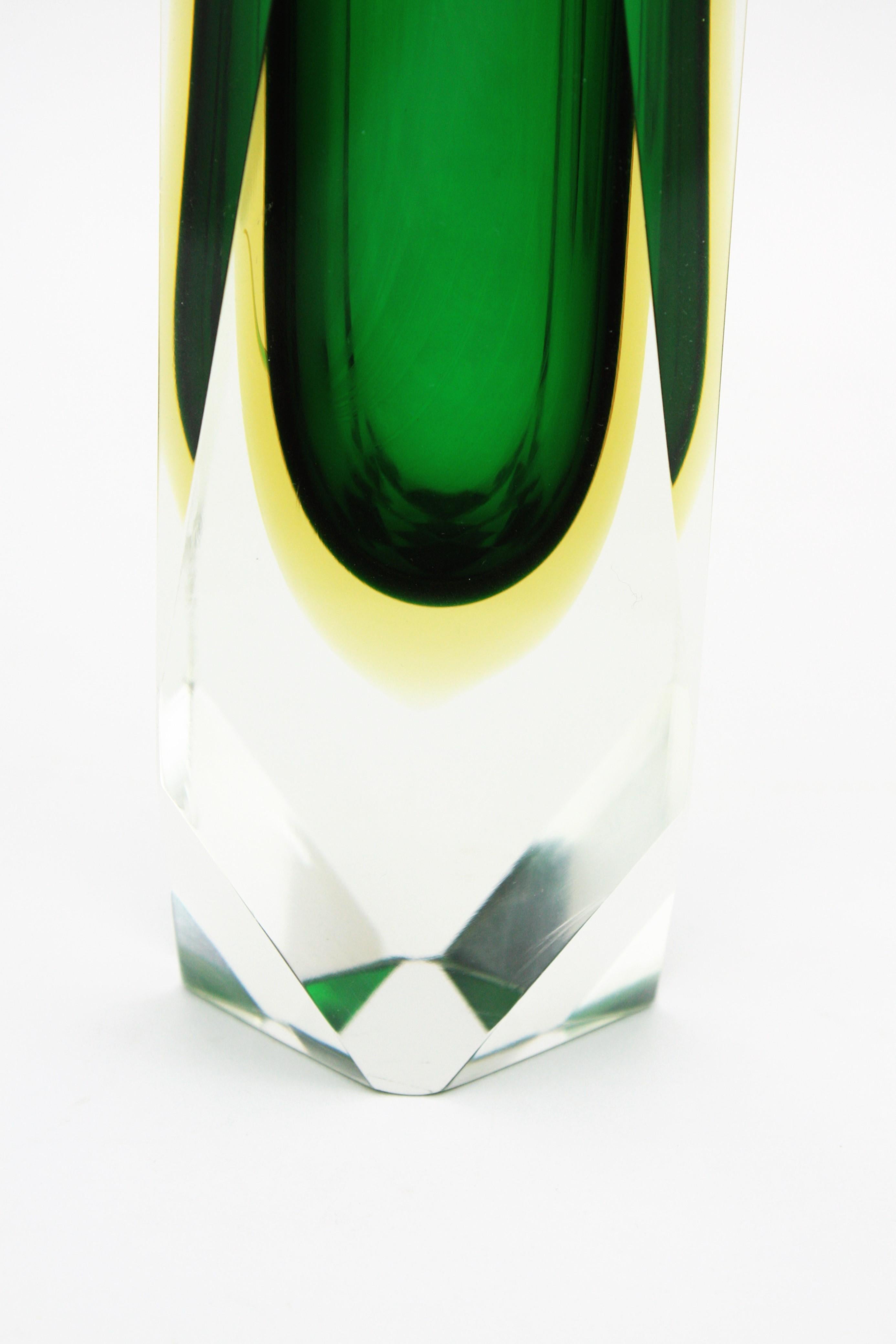 Extra Large Mandruzzato Murano Sommerso Green Black Yellow Faceted Glass Vase 4