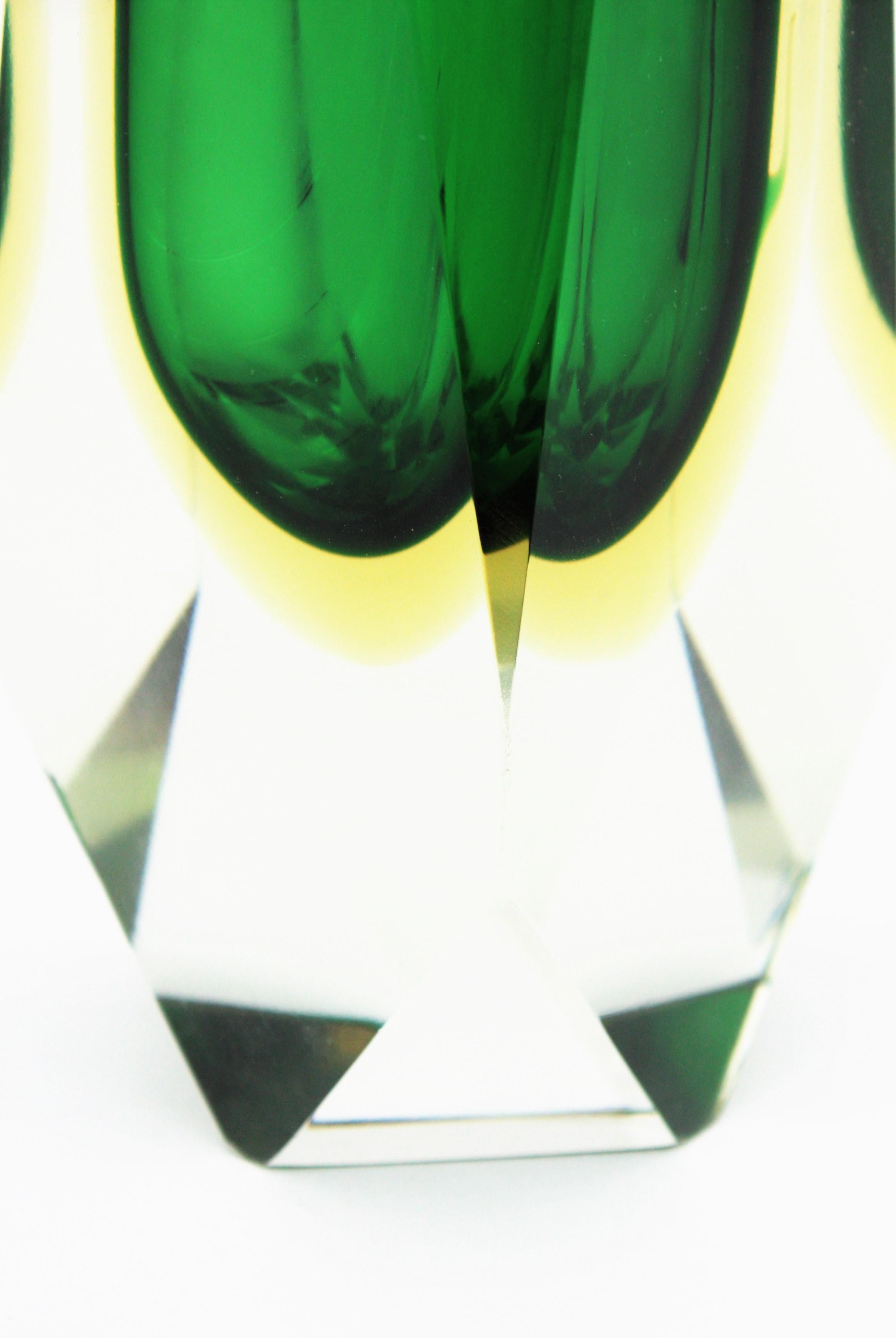 Extra Large Mandruzzato Murano Sommerso Green Black Yellow Faceted Glass Vase 5