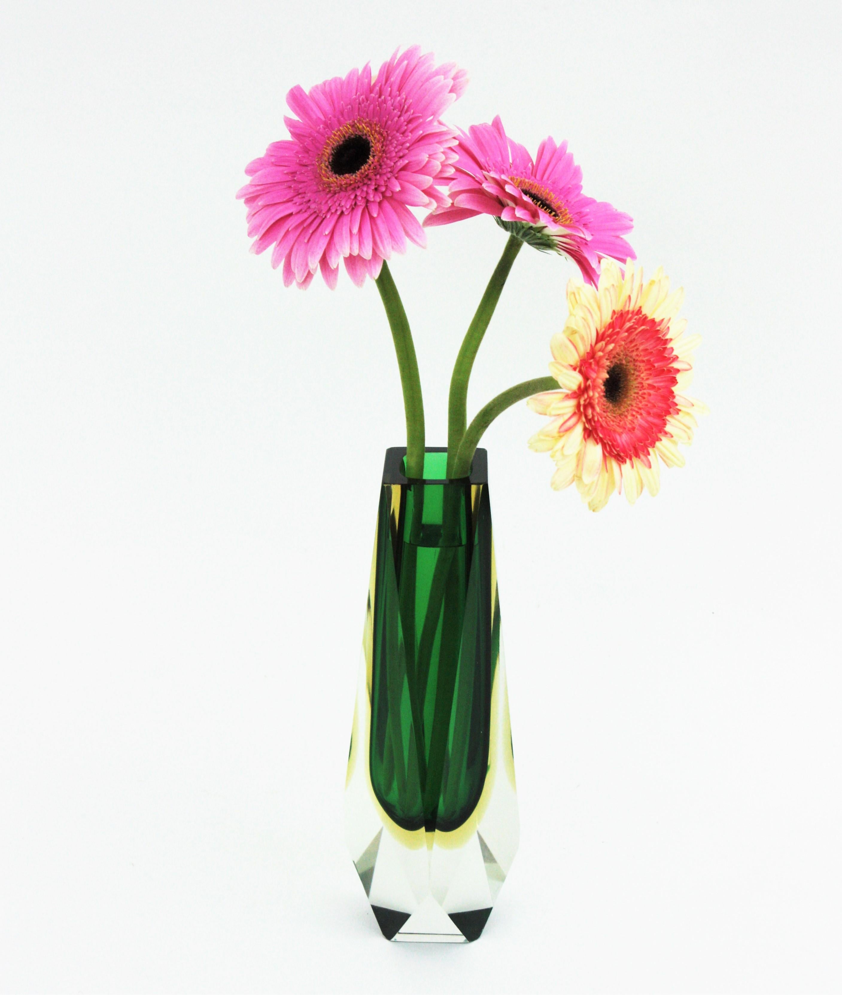 Mid-Century Modern Extra Large Mandruzzato Murano Sommerso Green Black Yellow Faceted Glass Vase
