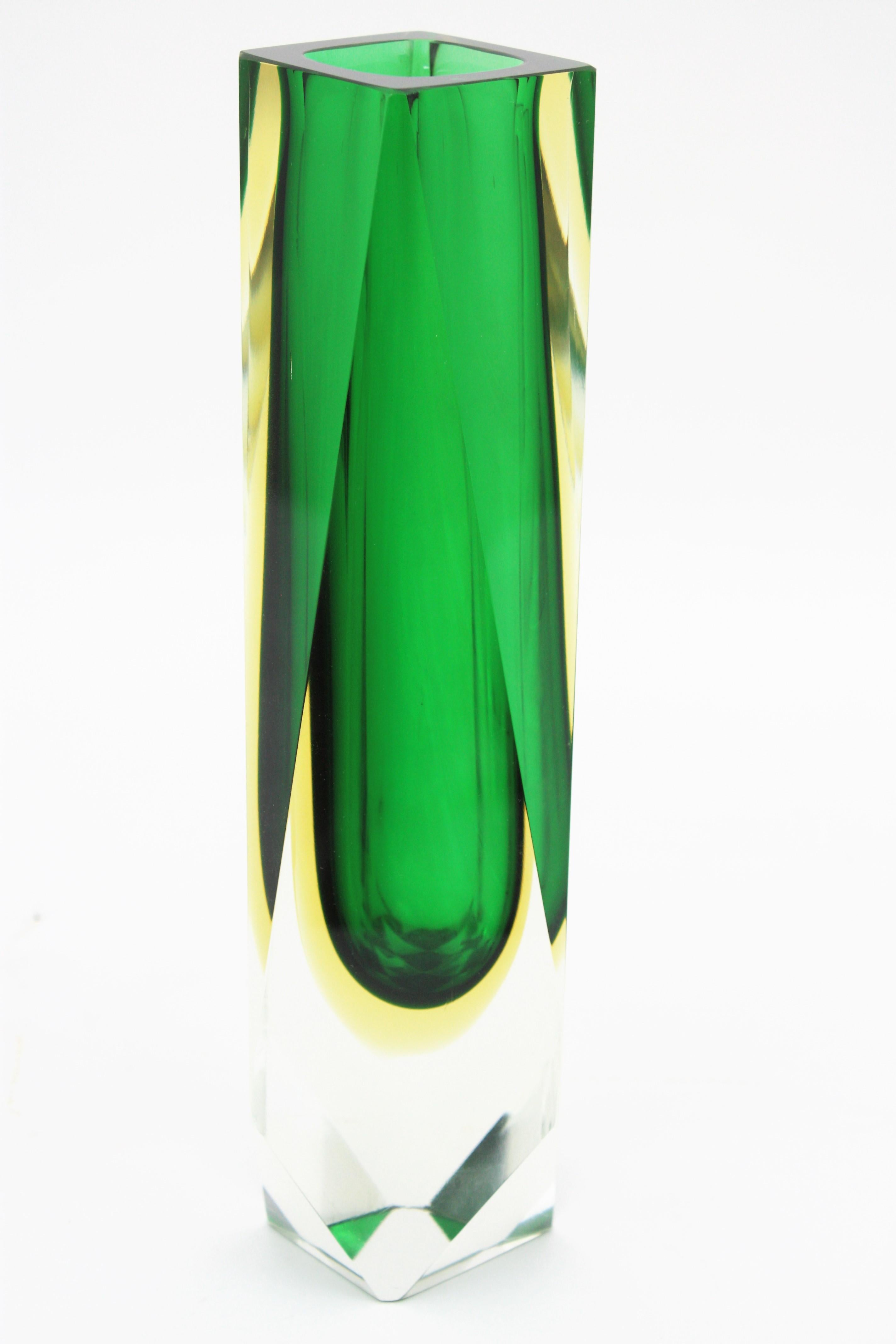 20th Century Extra Large Mandruzzato Murano Sommerso Green Black Yellow Faceted Glass Vase