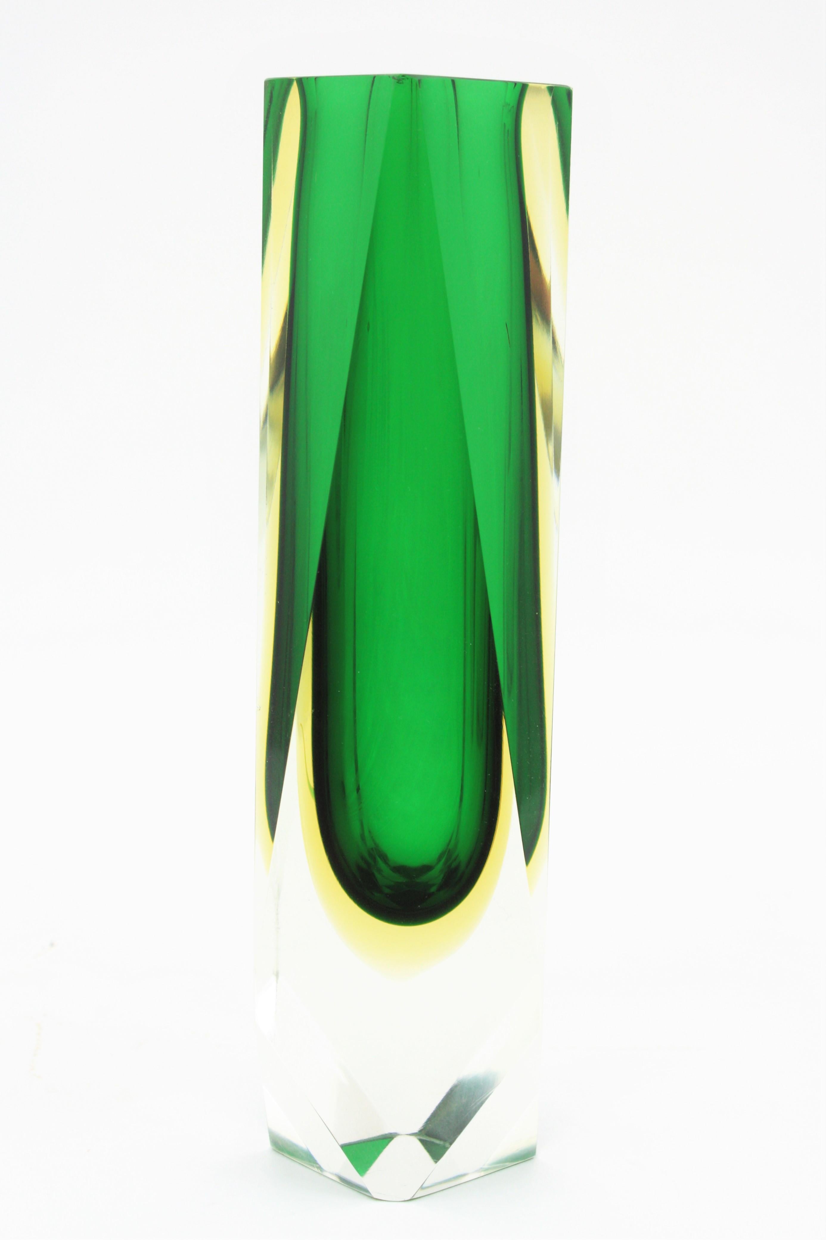 Blown Glass Extra Large Mandruzzato Murano Sommerso Green Black Yellow Faceted Glass Vase