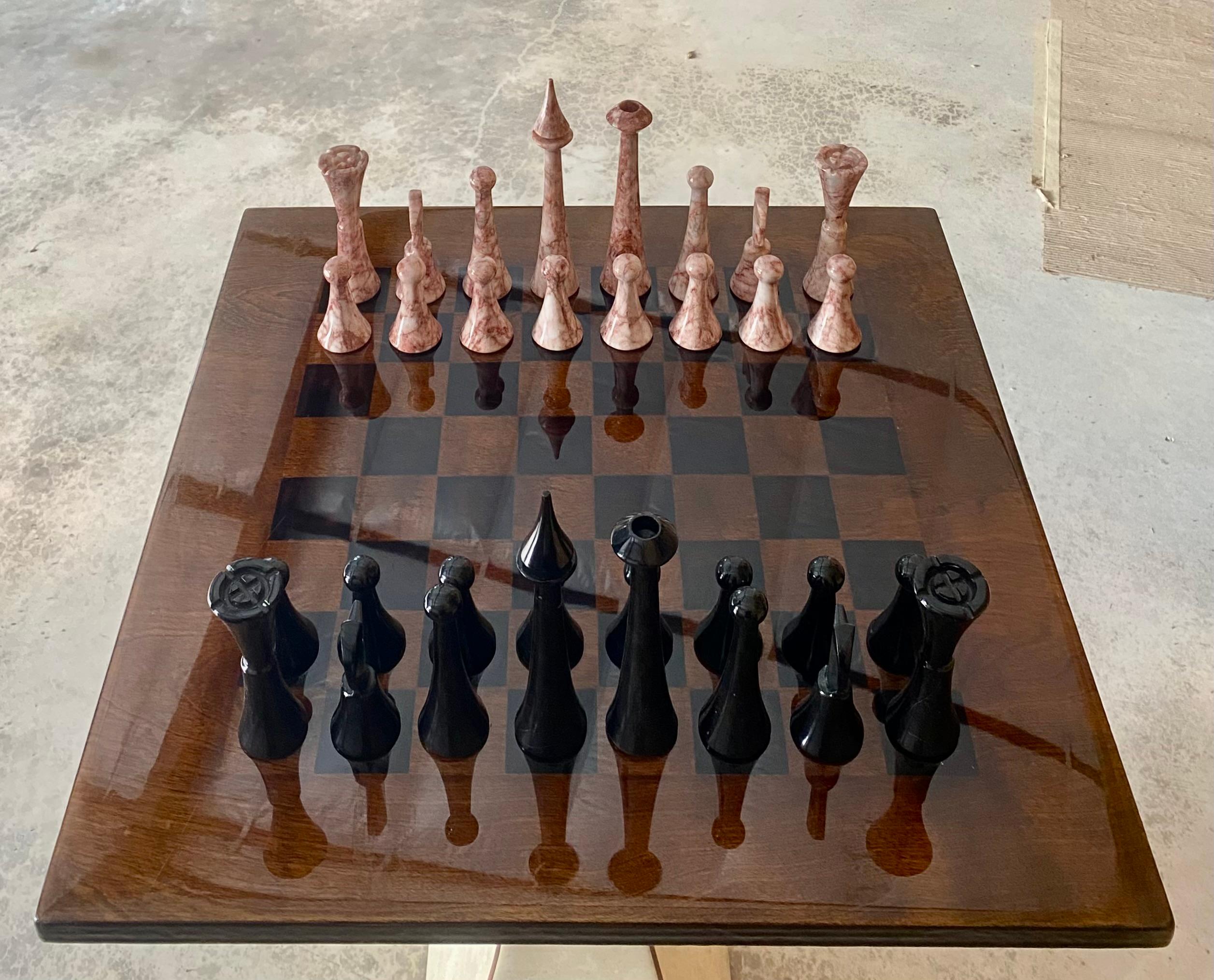 Hand-Carved XL Marble Chess Set + Artisan Wood Board For Sale