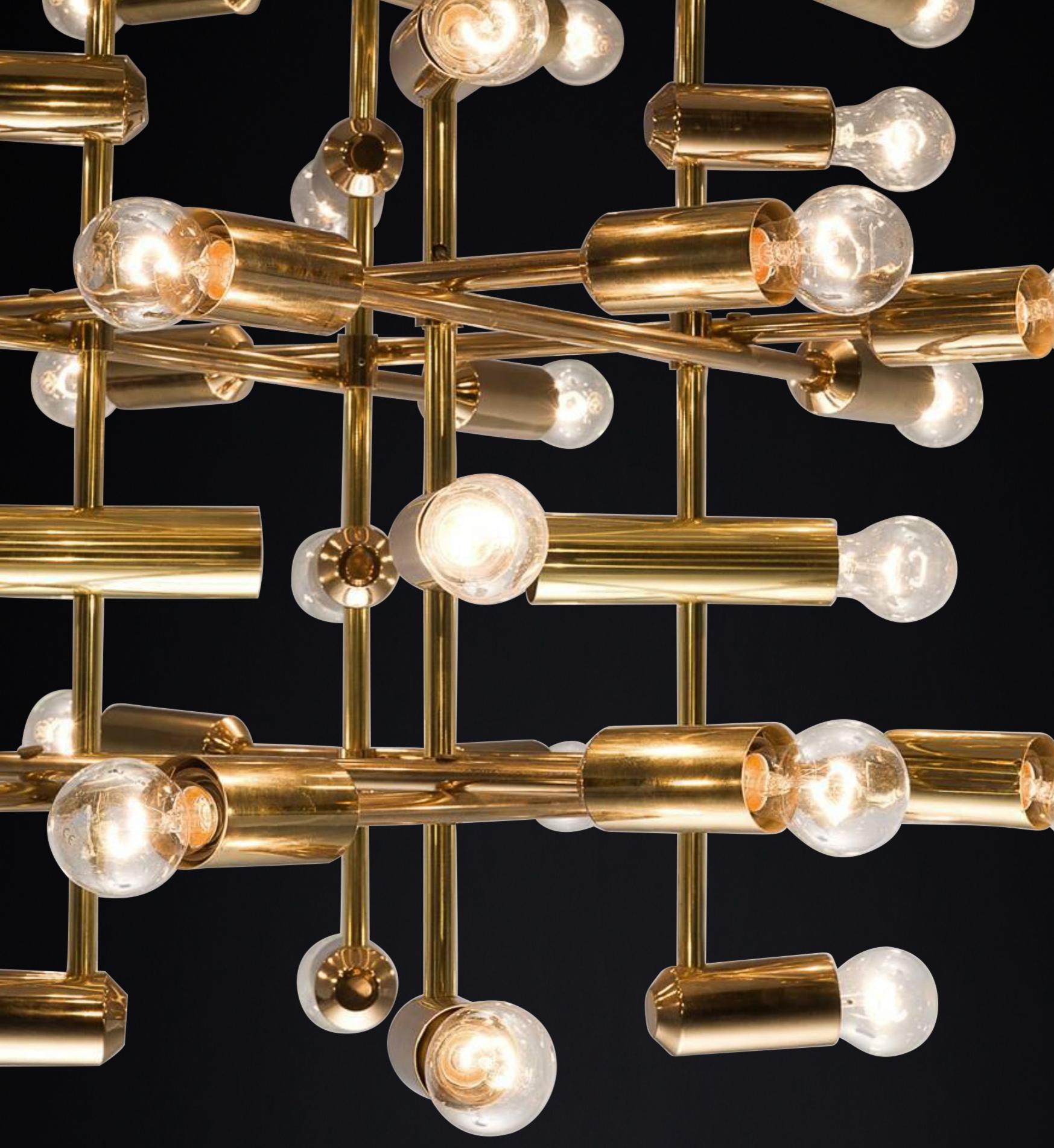 Mid-Century Modern Xl Mid-Century Brass Chandelier with 40 lights, Switzerland 1960s.   For Sale