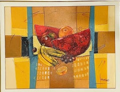 XL Mid Century Cubist Mixed Media Still Life Fruit Painting after Cezanne D. A. Fox