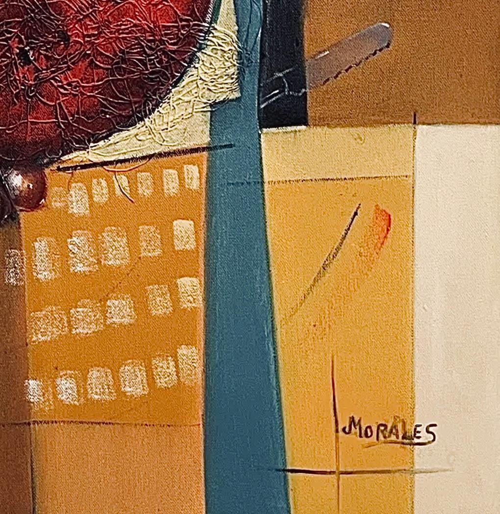 XL Mid Century Cubist Mixed Media Stillleben Obst Gemälde nach Cezanne D. Fox (Moderne der Mitte des Jahrhunderts) im Angebot