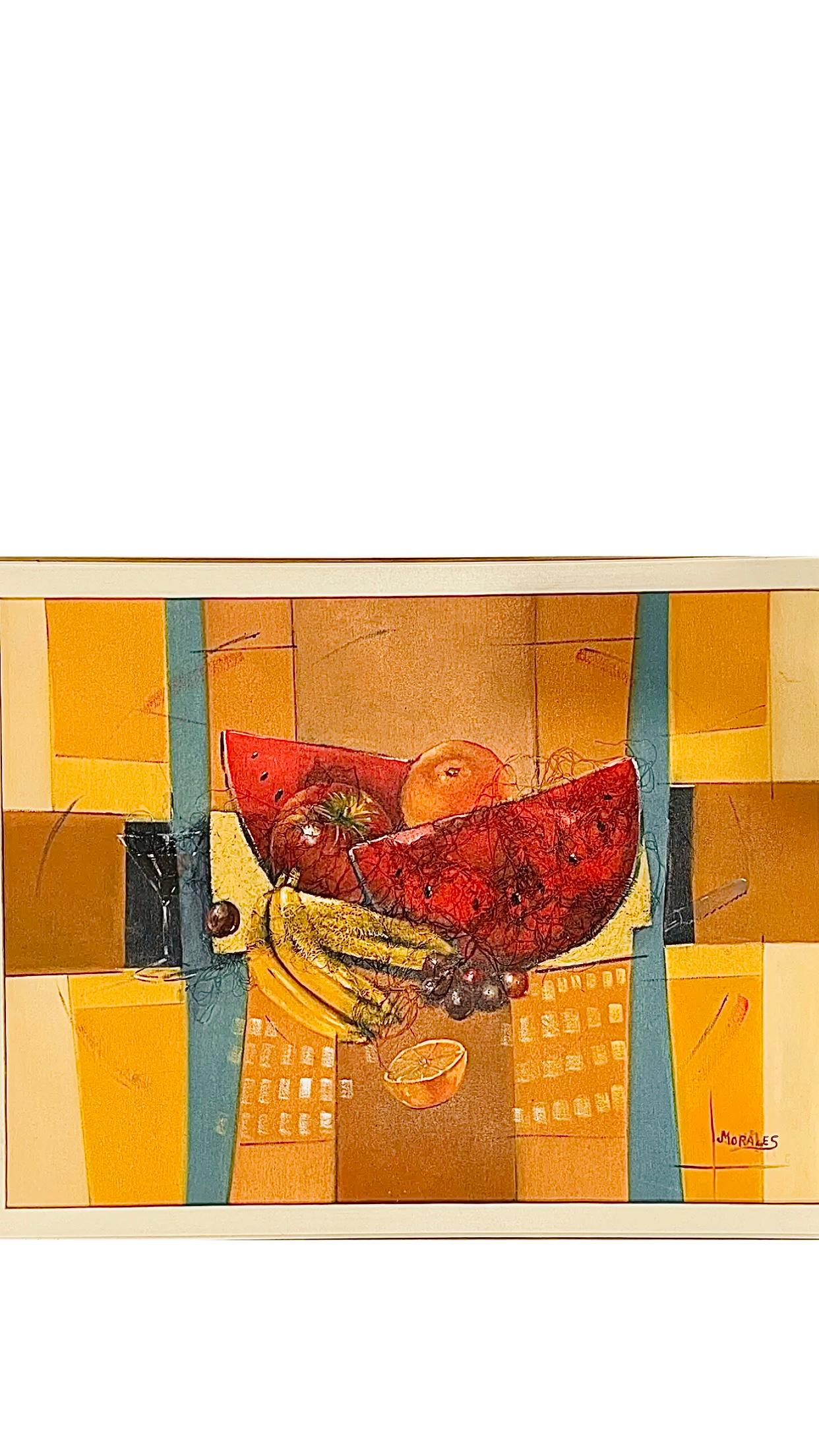 XL Mid Century Cubist Mixed Media Stillleben Obst Gemälde nach Cezanne D. Fox (amerikanisch) im Angebot